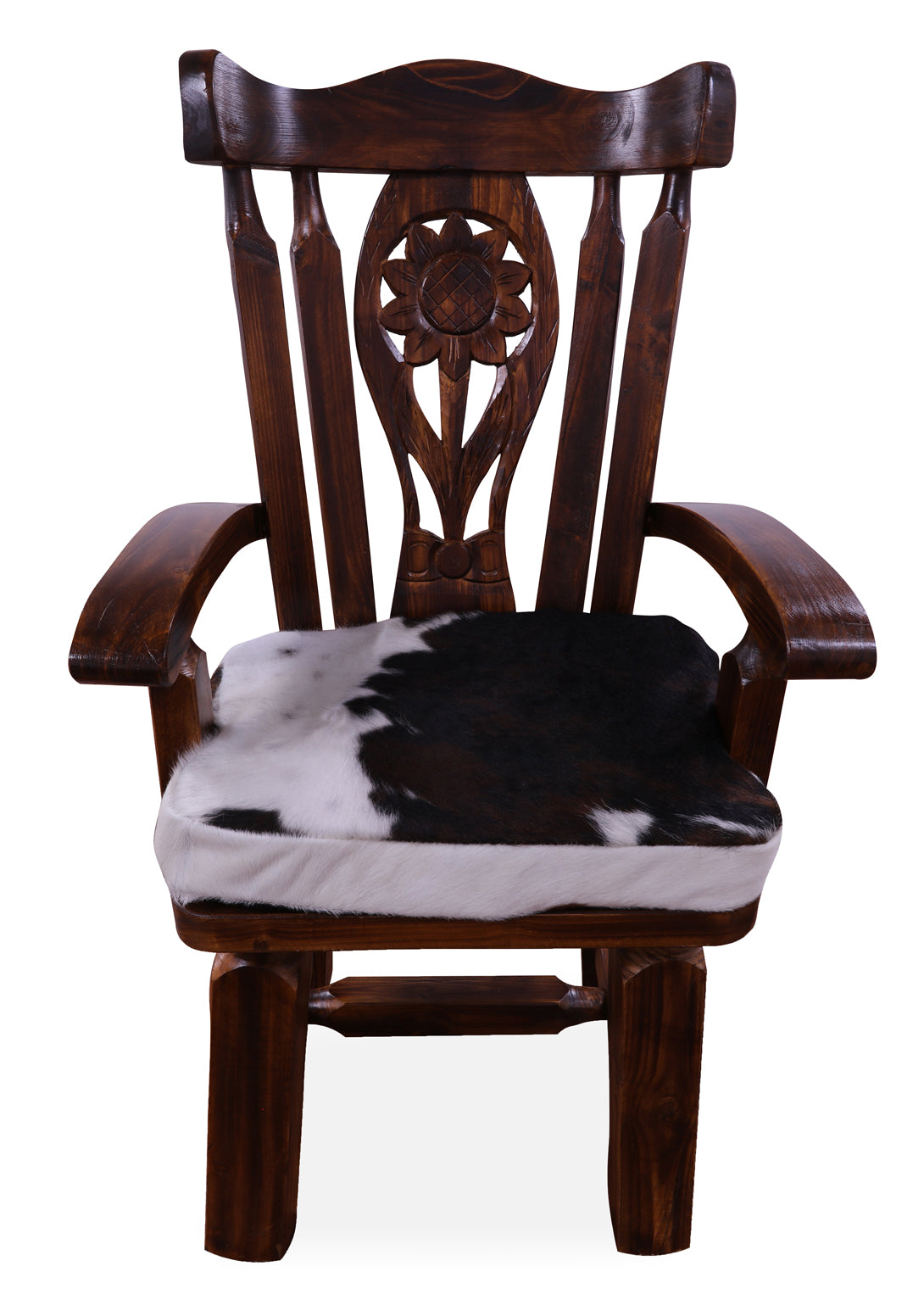 Reclaimed Wood Chair Handcarved Back Sunflower Removable Hair-On Cowhide Pillow - Golden Nile
