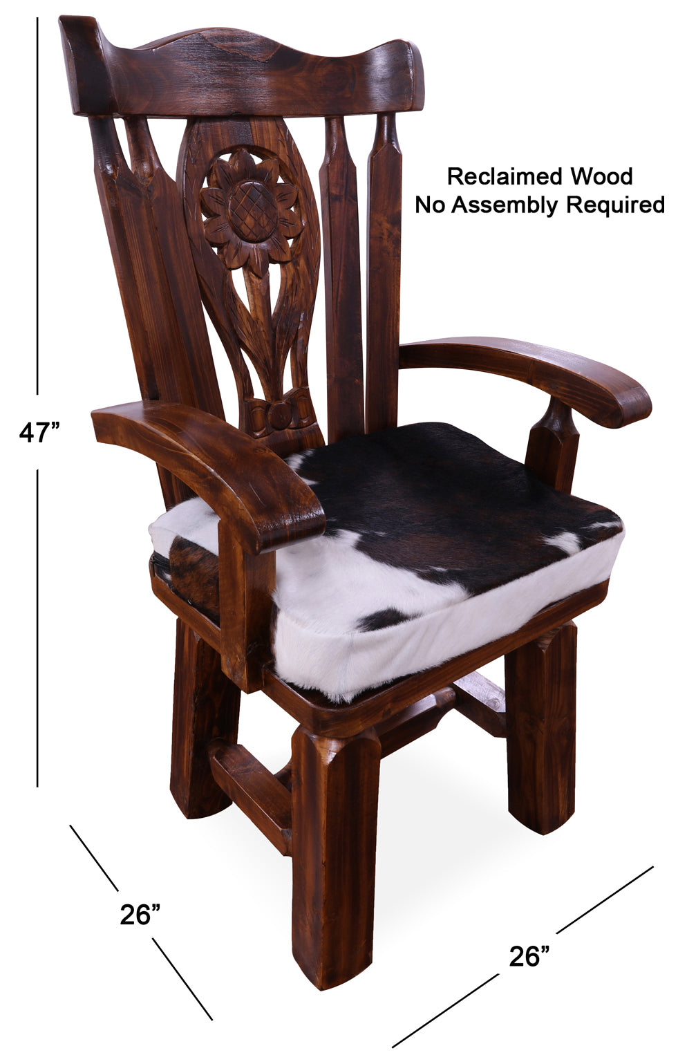 Reclaimed Wood Chair Handcarved Back Sunflower Removable Hair-On Cowhide Pillow - Golden Nile