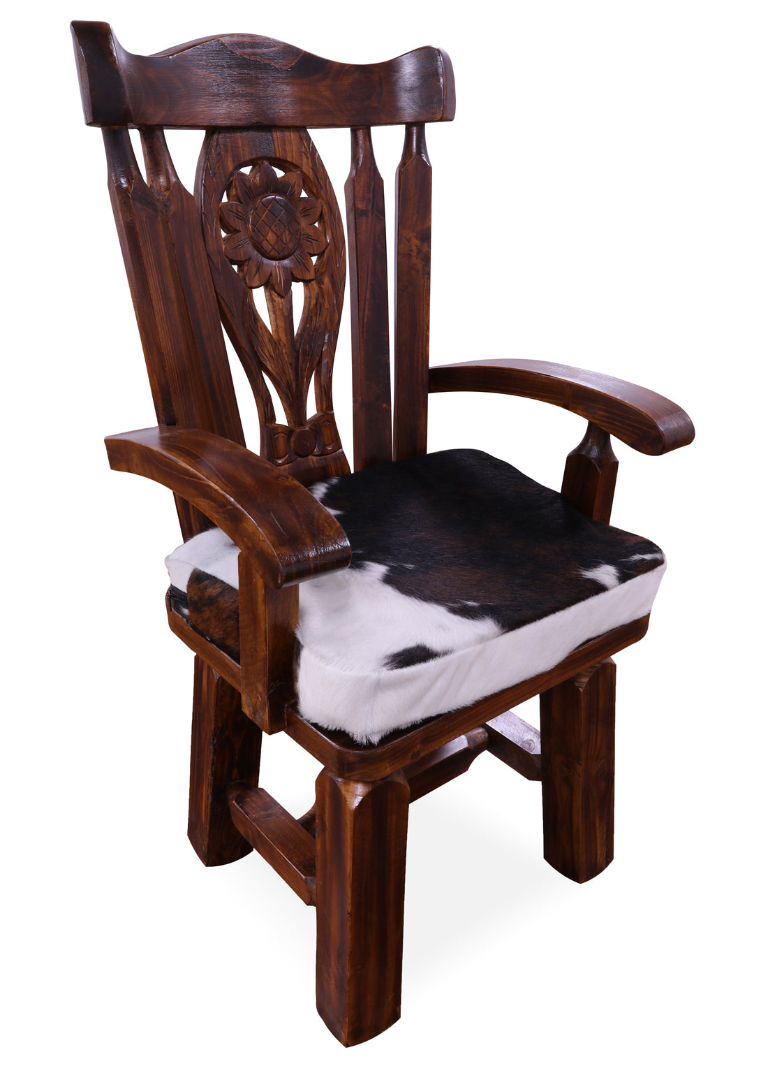 Reclaimed Wood Chair Handcarved Back Sunflower Removable Hair-On Cowhide Pillow - Golden Nile