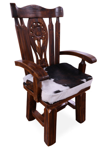 Reclaimed Wood Chair Handcarved Back Sunflower Removable Hair-On Cowhide Pillow