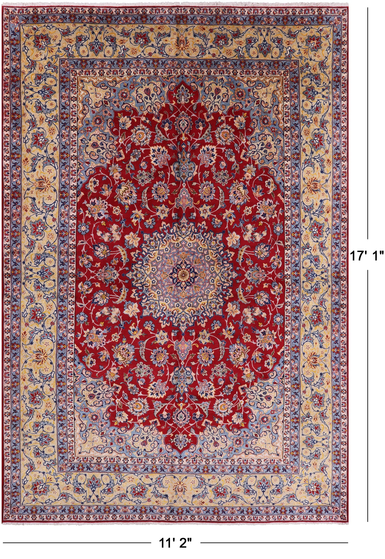 Red Fine Isfahan Hand Knotted Rug - 11' 2" X 17' 1" - Golden Nile