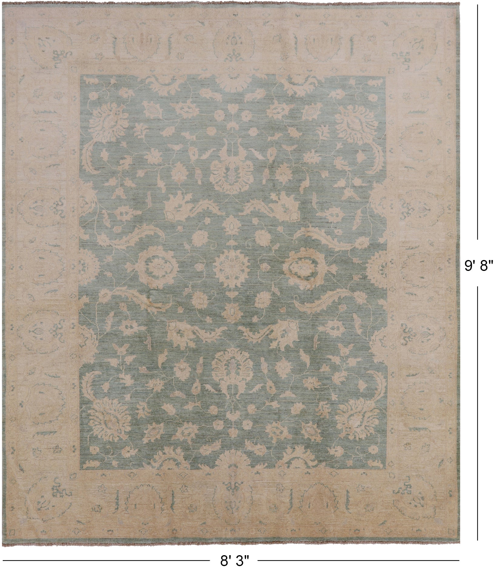 Green Chobi Peshawar Hand Knotted Wool Rug - 8' 3" X 9' 8" - Golden Nile