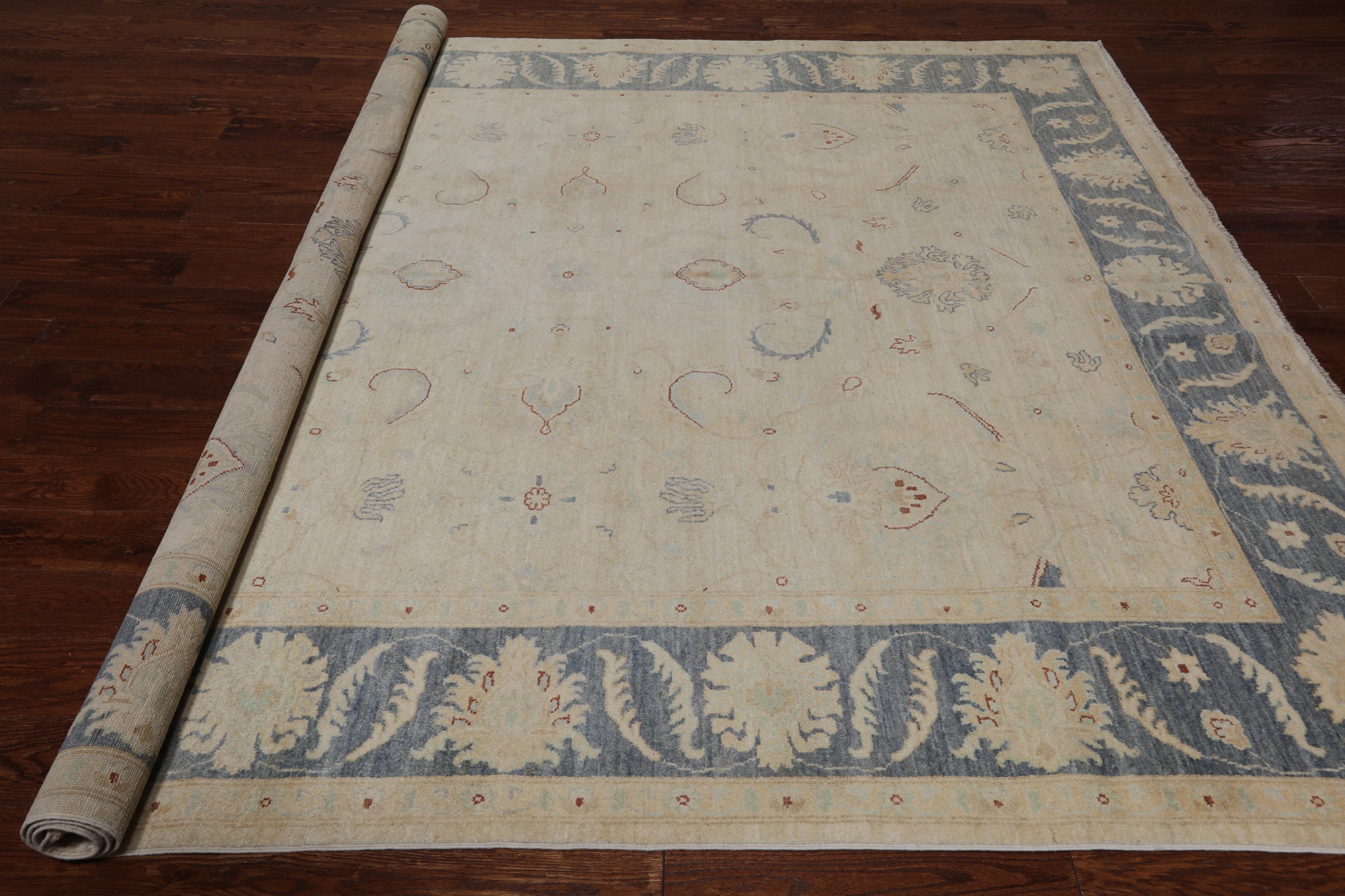 Ivory Peshawar Hand Knotted Wool Rug - 8' 5" X 9' 10"