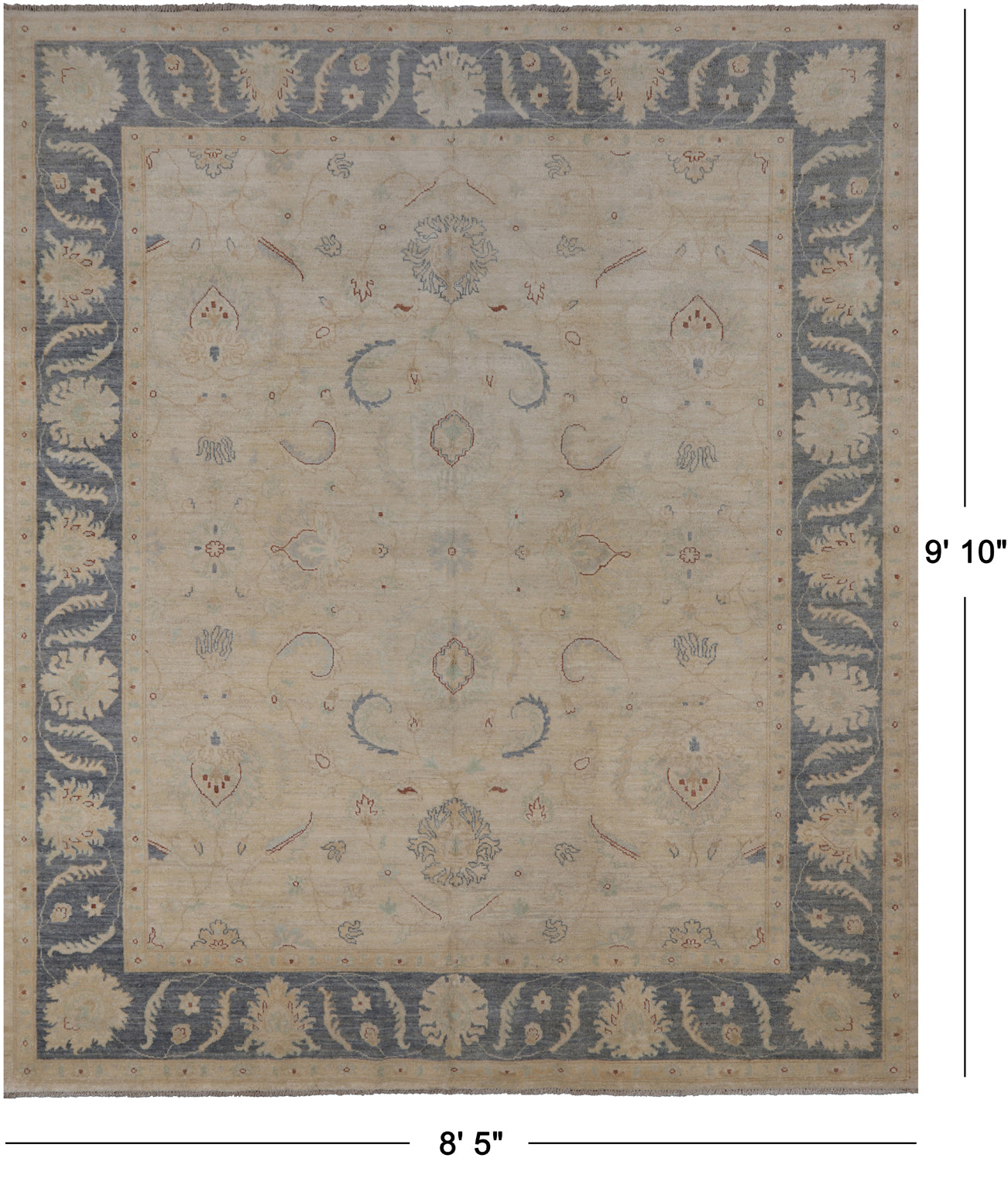 Ivory Peshawar Hand Knotted Wool Rug - 8' 5" X 9' 10"
