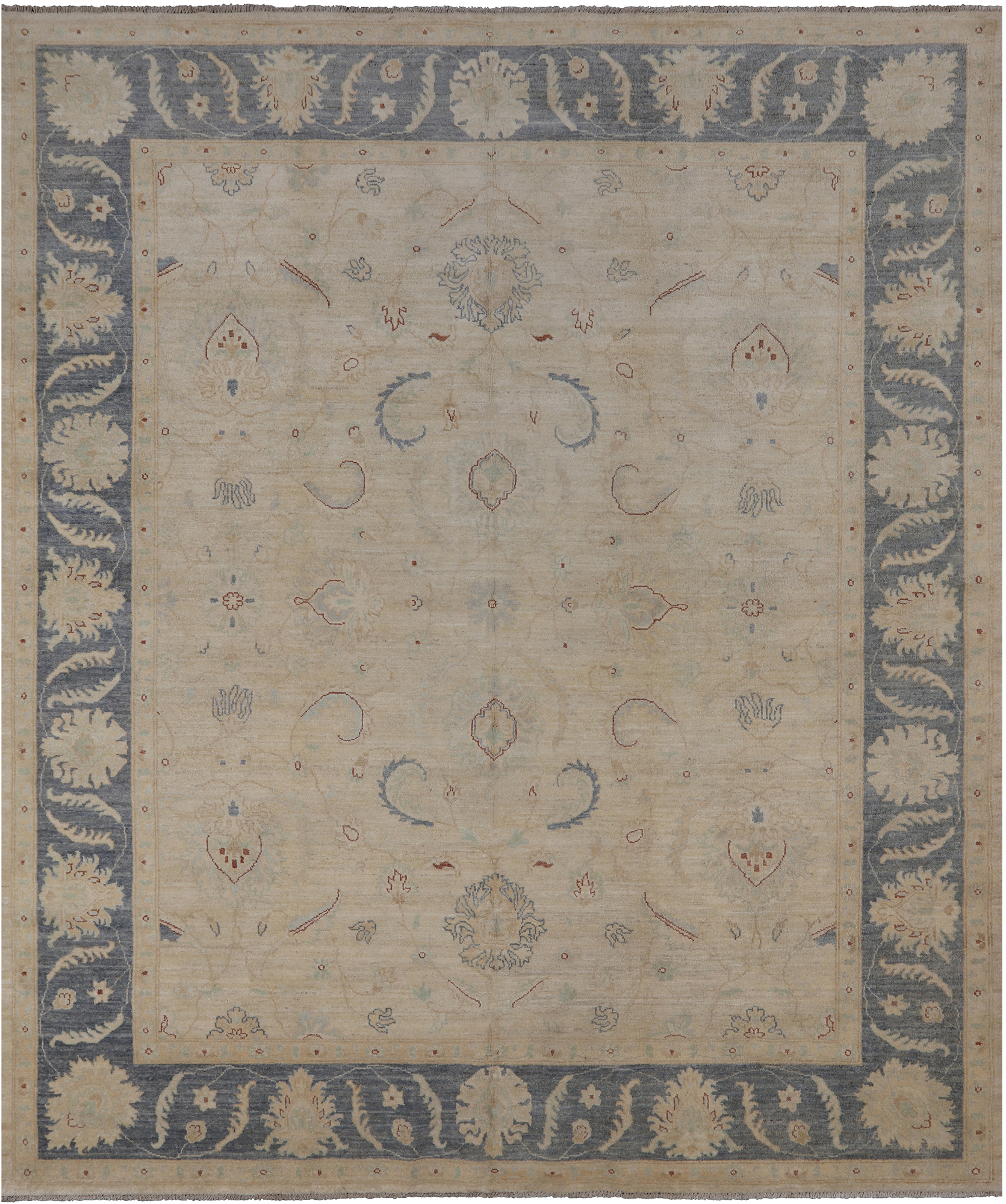Ivory Peshawar Hand Knotted Wool Rug - 8' 5" X 9' 10"