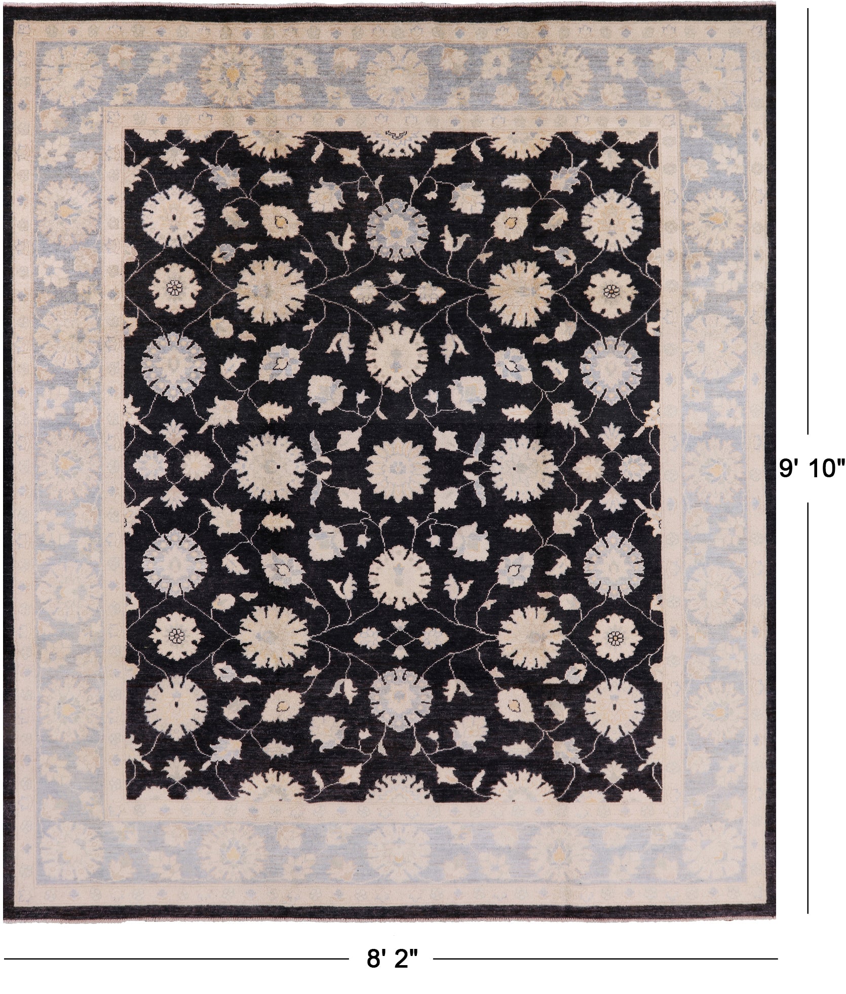 Black Chobi Peshawar Hand Knotted Wool Rug - 8' 2" X 9' 10" - Golden Nile