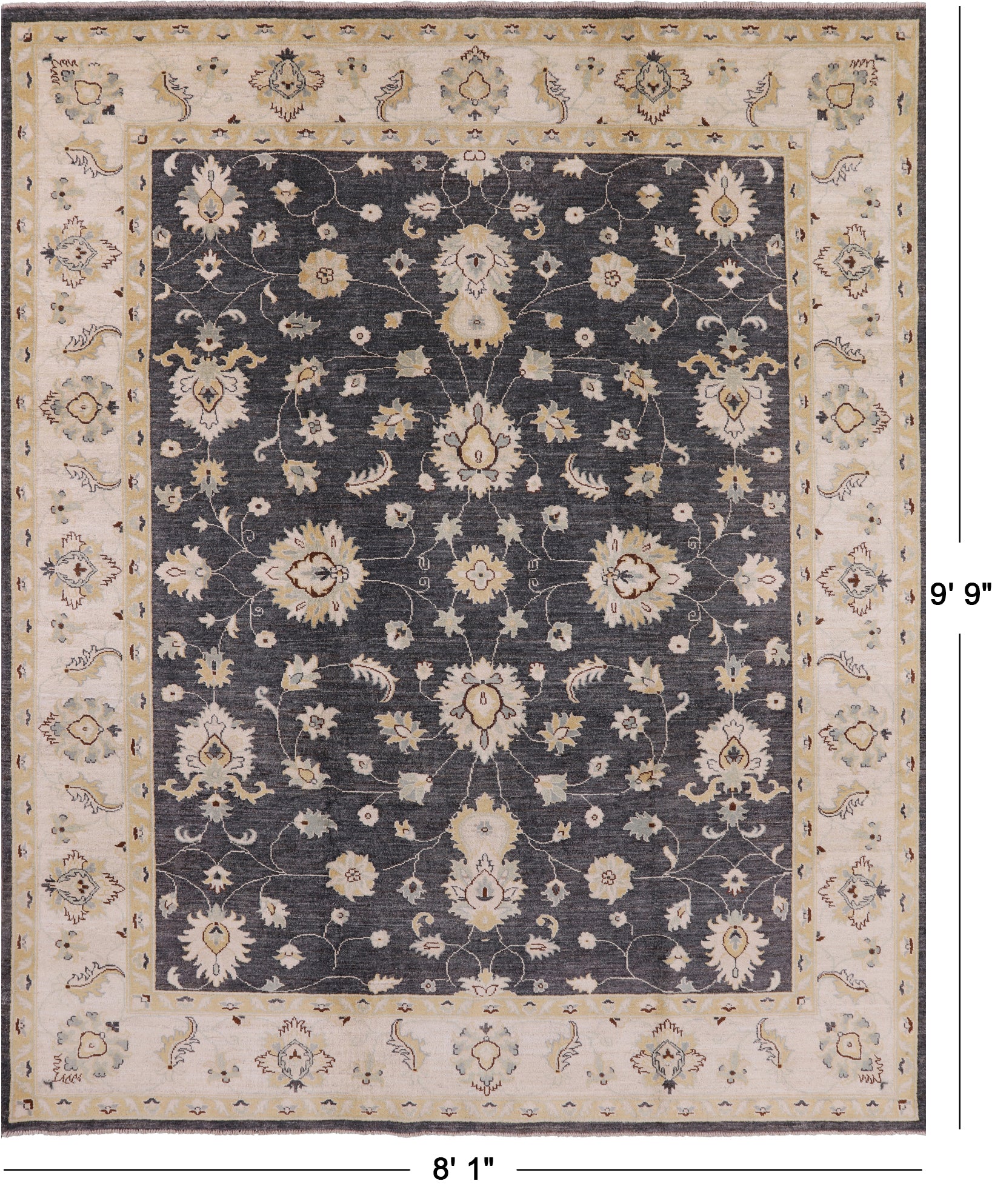 Grey Chobi Peshawar Hand Knotted Wool Rug - 8' 1" X 9' 9" - Golden Nile