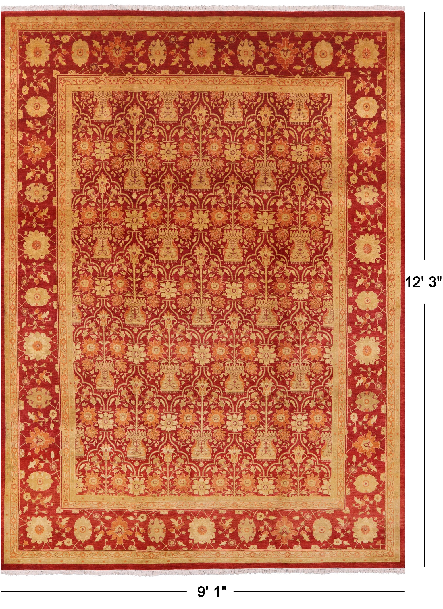Red Chobi Peshawar Hand Knotted Rug - 9' 1" X 12' 3" - Golden Nile