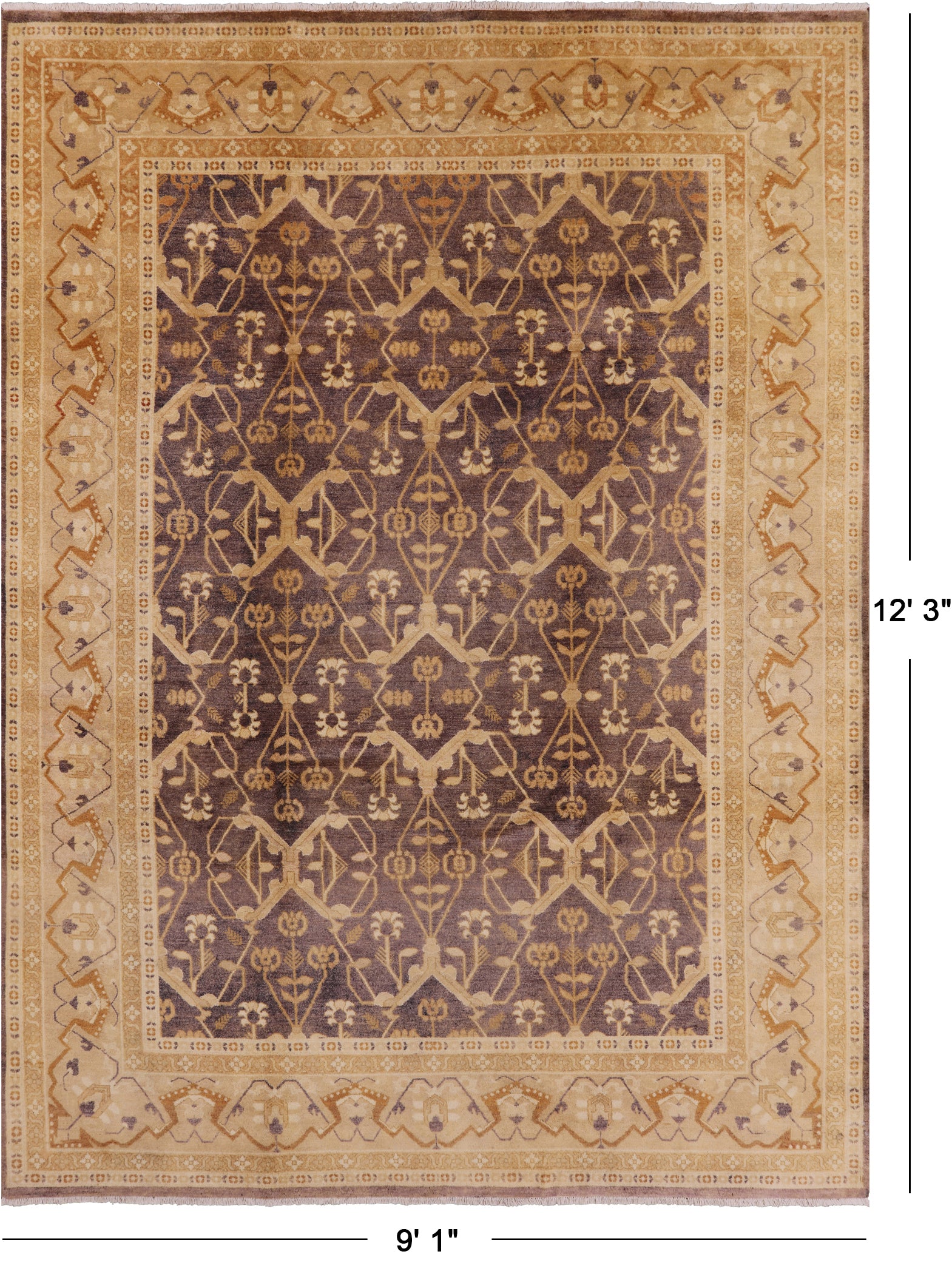 Brown Chobi Peshawar Hand Knotted Rug - 9' 1" X 12' 3" - Golden Nile