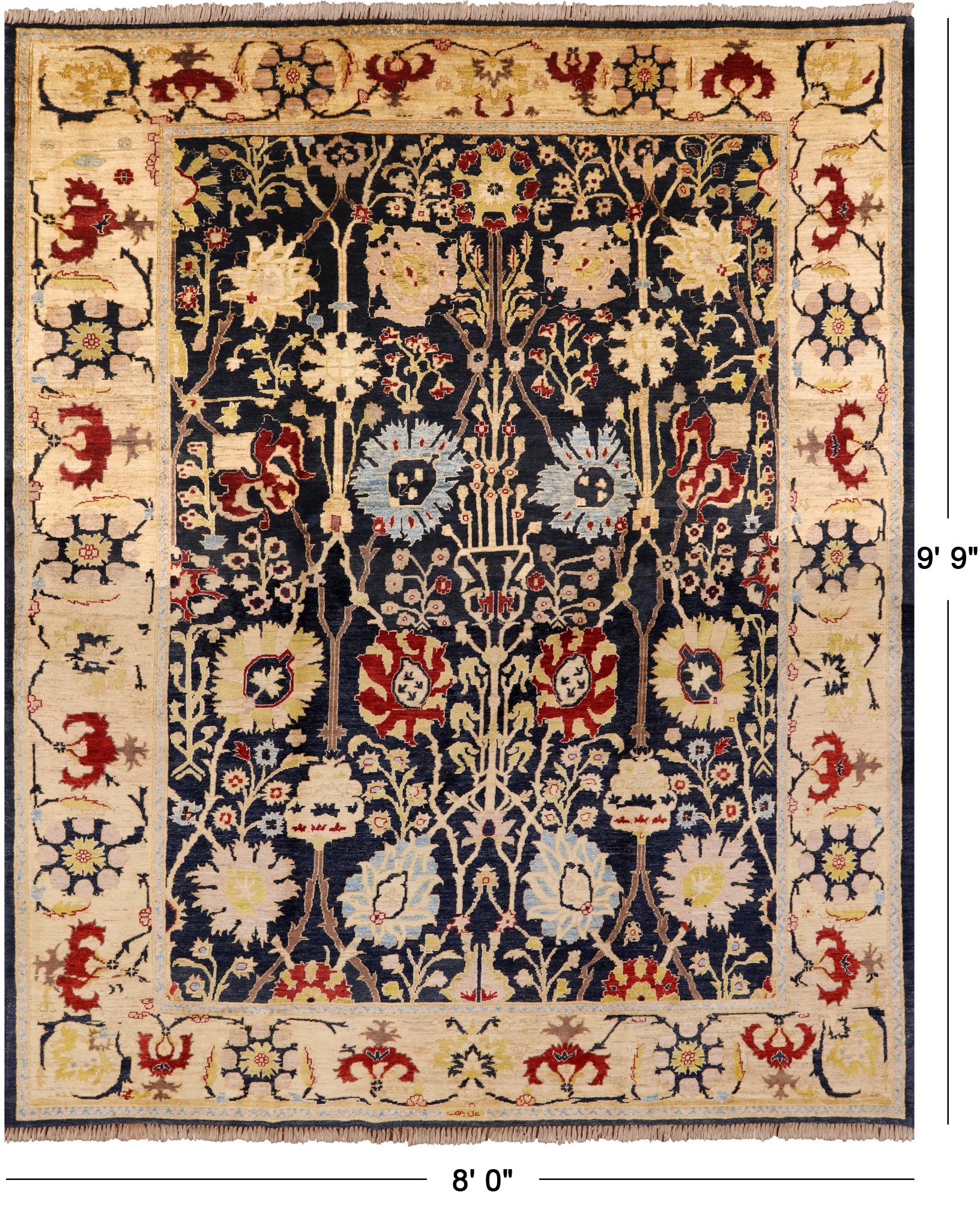 Signed Peshawar Hand Knotted Wool Rug - 8' 0" X 9' 9" - Golden Nile