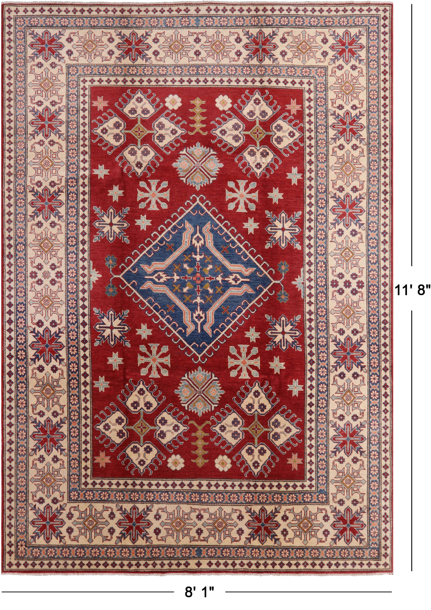 Red Kazak Handmade Rug - 8' 1" X 11' 8" - Golden Nile