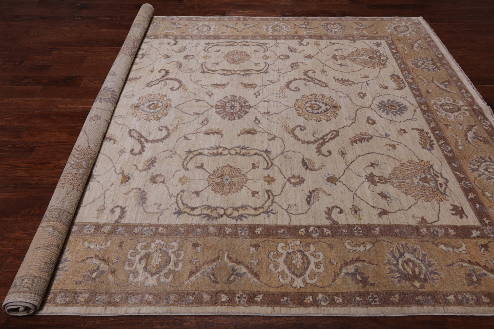 Ivory Peshawar Hand Knotted Rug - 8' 3" X 9' 10"