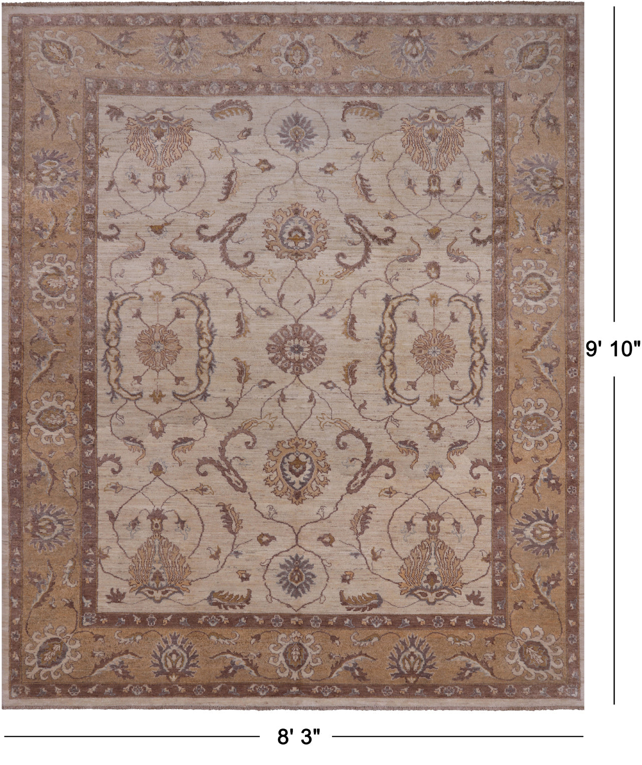 Ivory Peshawar Hand Knotted Rug - 8' 3" X 9' 10"