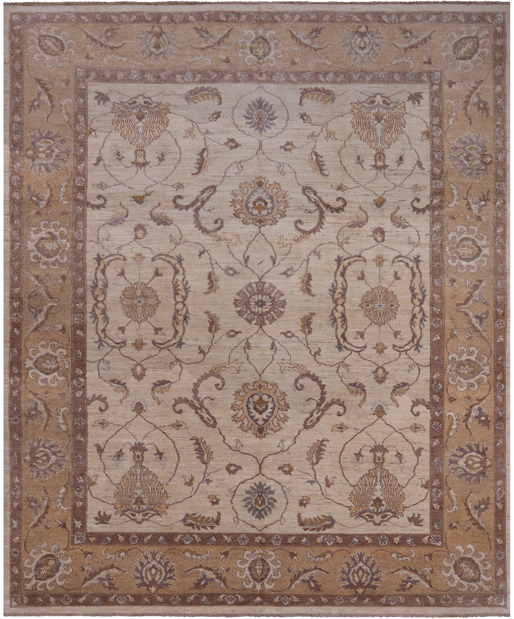 Ivory Peshawar Hand Knotted Rug - 8' 3" X 9' 10"