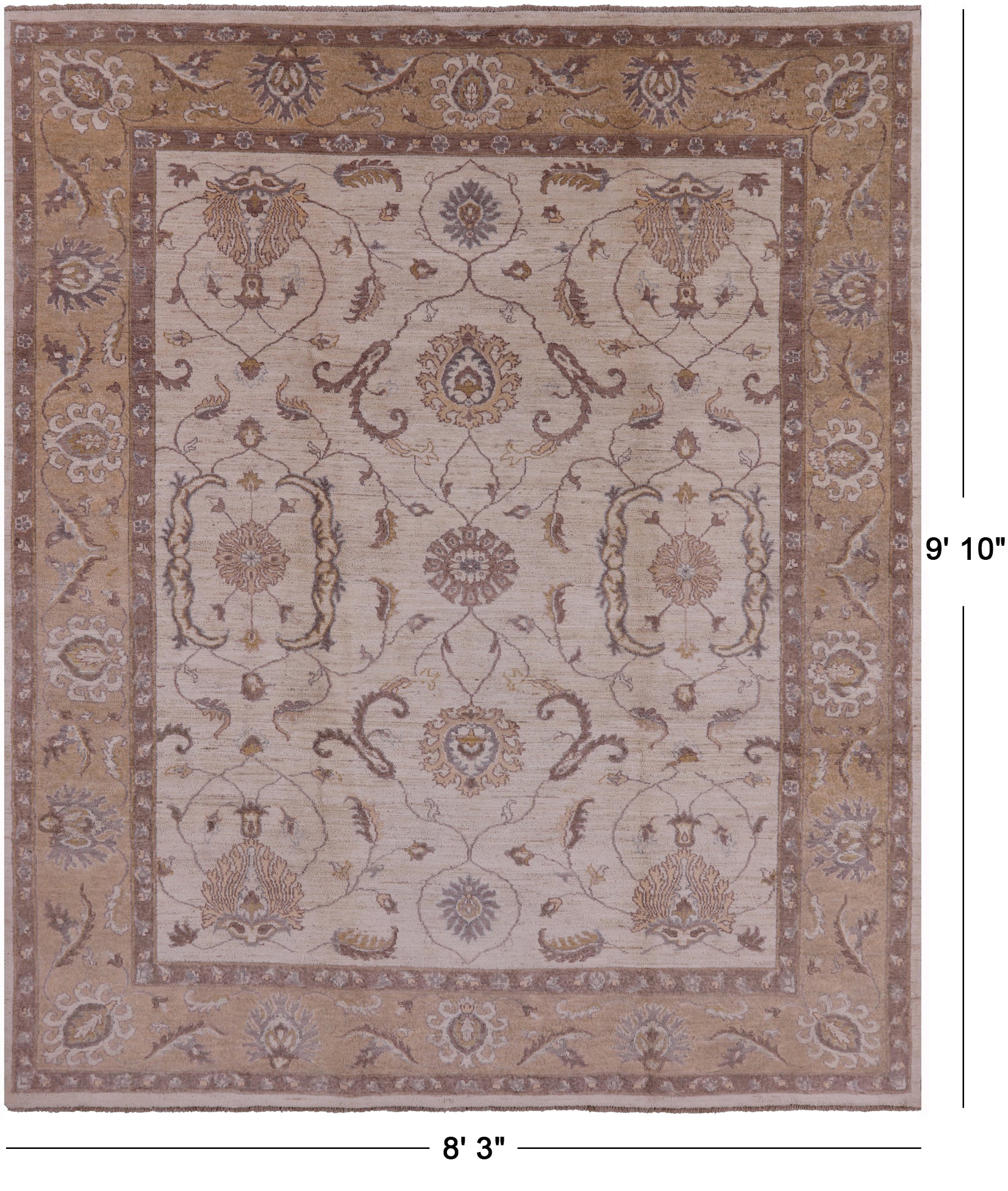 Ivory Peshawar Hand Knotted Rug - 8' 3" X 9' 10" - Golden Nile