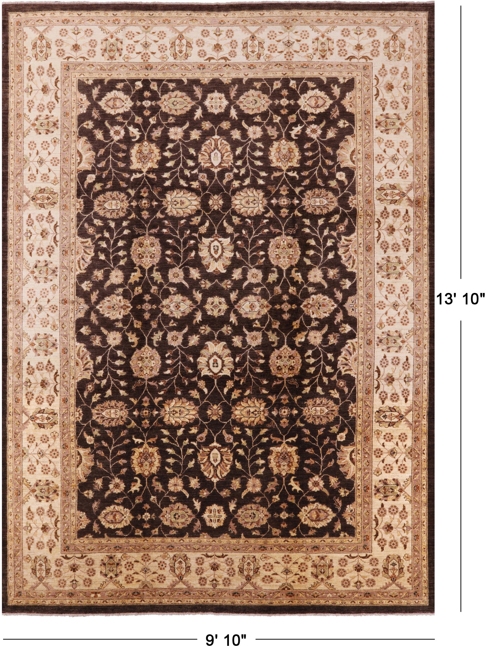 Brown Chobi Peshawar Handmade Wool Area Rug - 9' 10" x 13' 10" - Golden Nile