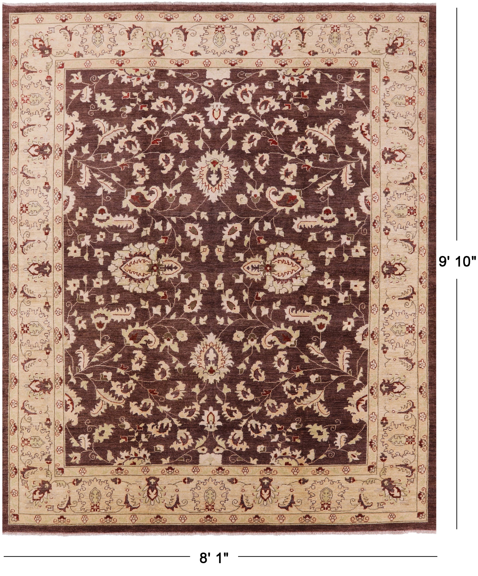 Brown Chobi Peshawar Handmade Wool Area Rug - 8' 1" X 9' 10" - Golden Nile