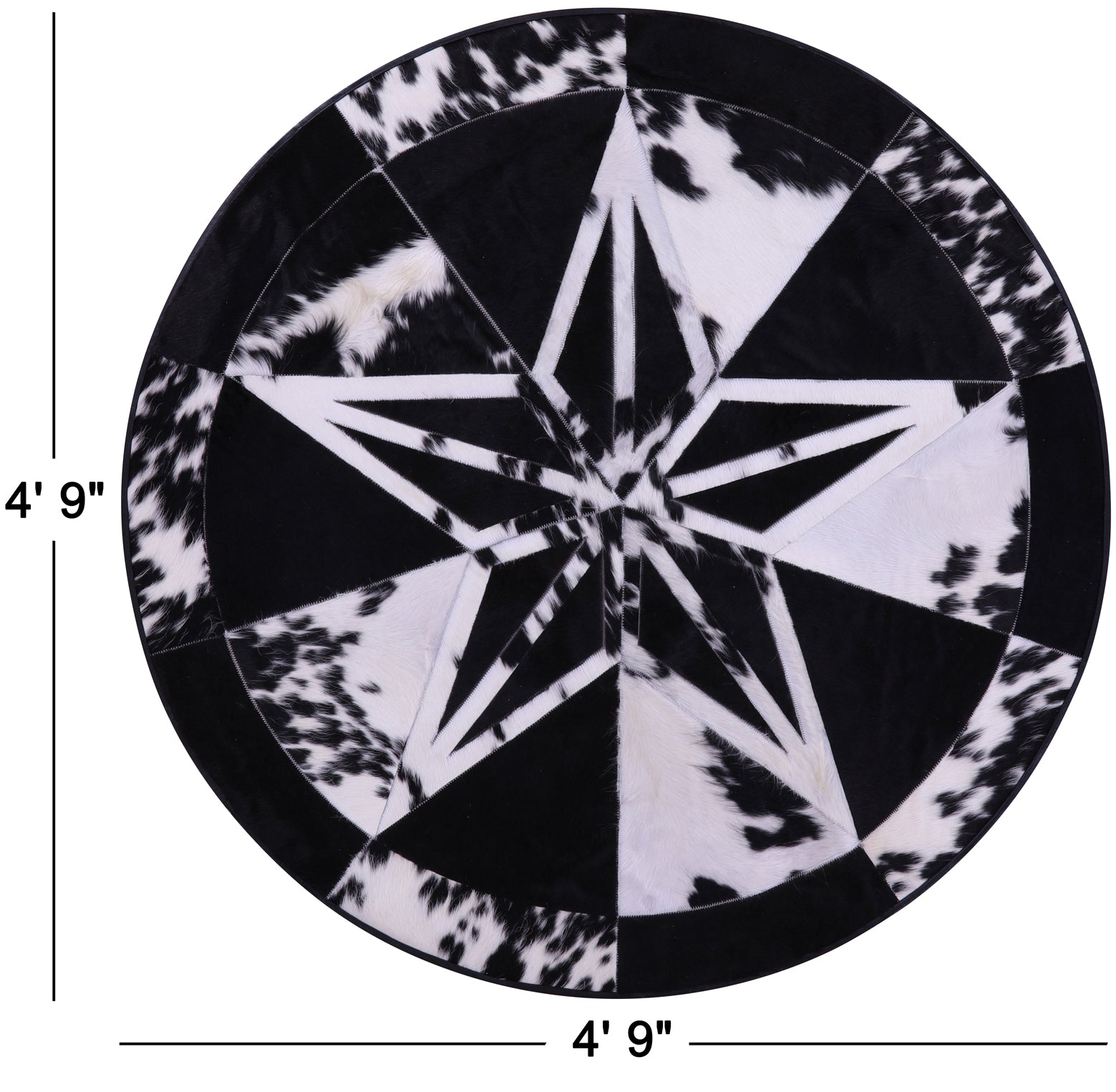 Round Black & White Natural Cowhide Hair-On Star Patchwork Area Rug - 4' 9" X 4' 9" - Golden Nile