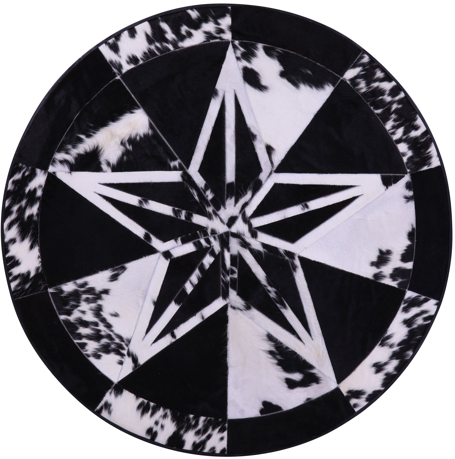 Round Black & White Natural Cowhide Hair-On Star Patchwork Area Rug - 4' 9" X 4' 9" - Golden Nile