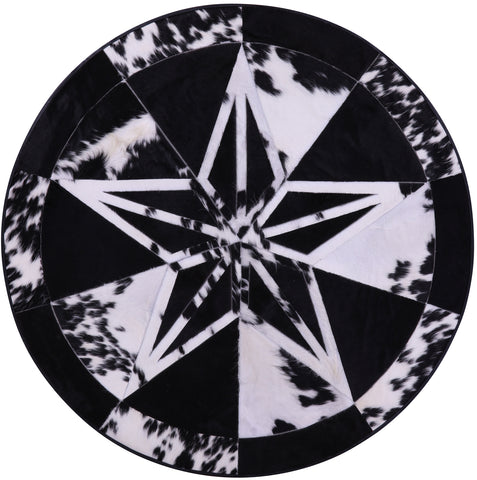 Round Black & White Natural Cowhide Hair-On Star Patchwork Area Rug - 4' 9