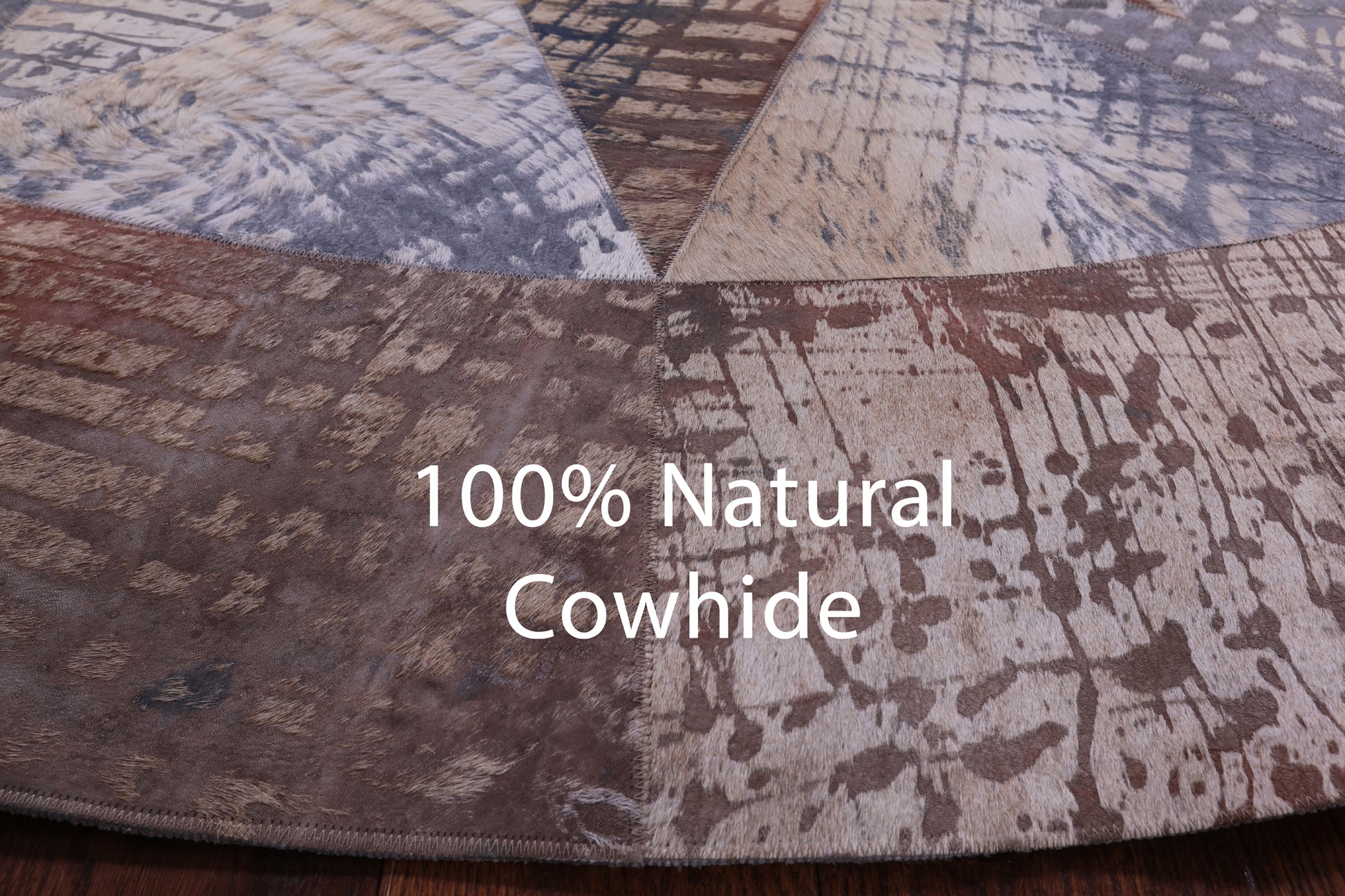 Round Natural Cowhide Hand Stitched Patchwork Rug - 8' 2" X 8' 2" - Golden Nile