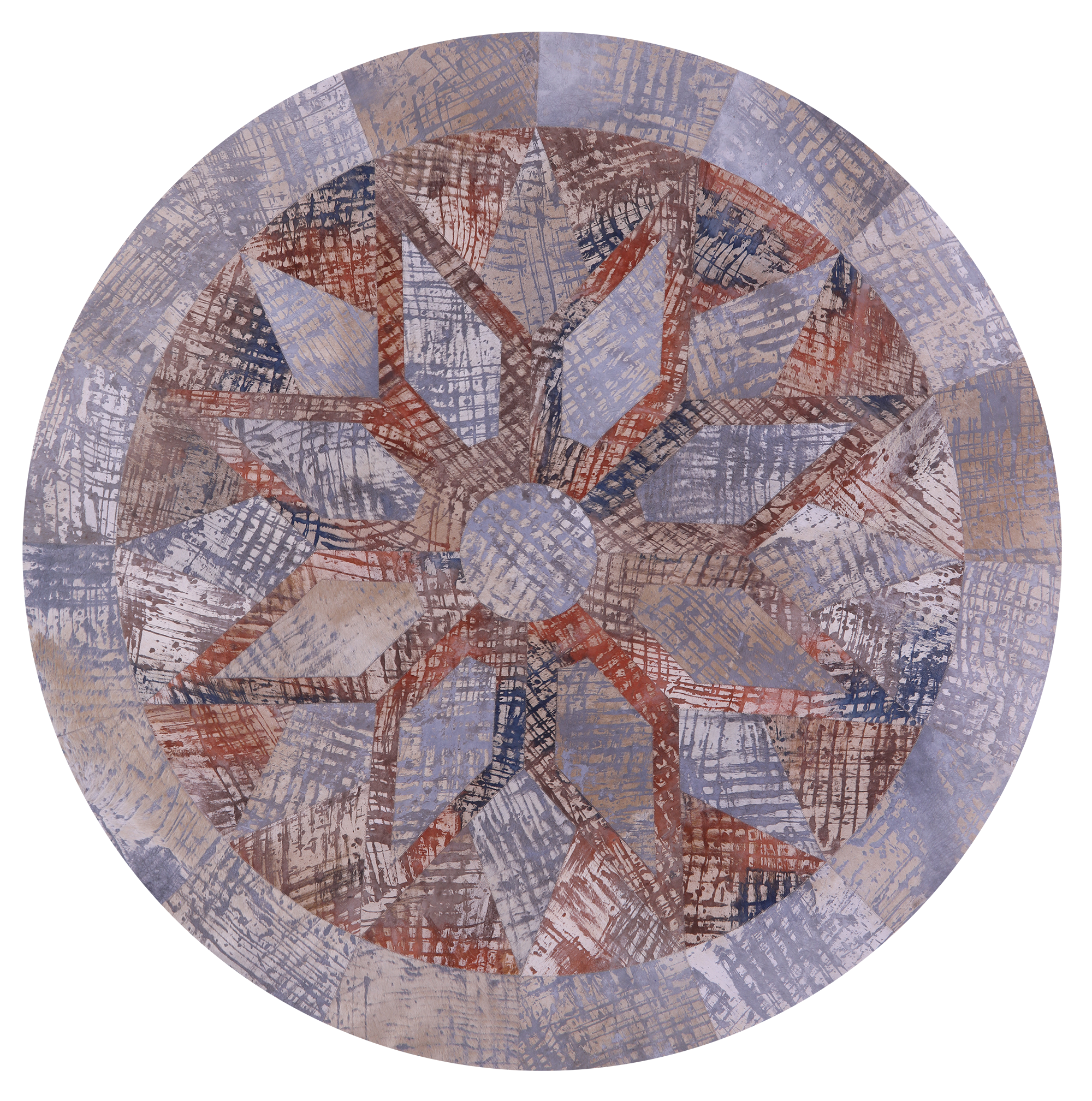 Round Natural Cowhide Hand Stitched Patchwork Rug - 8' 2" X 8' 2" - Golden Nile