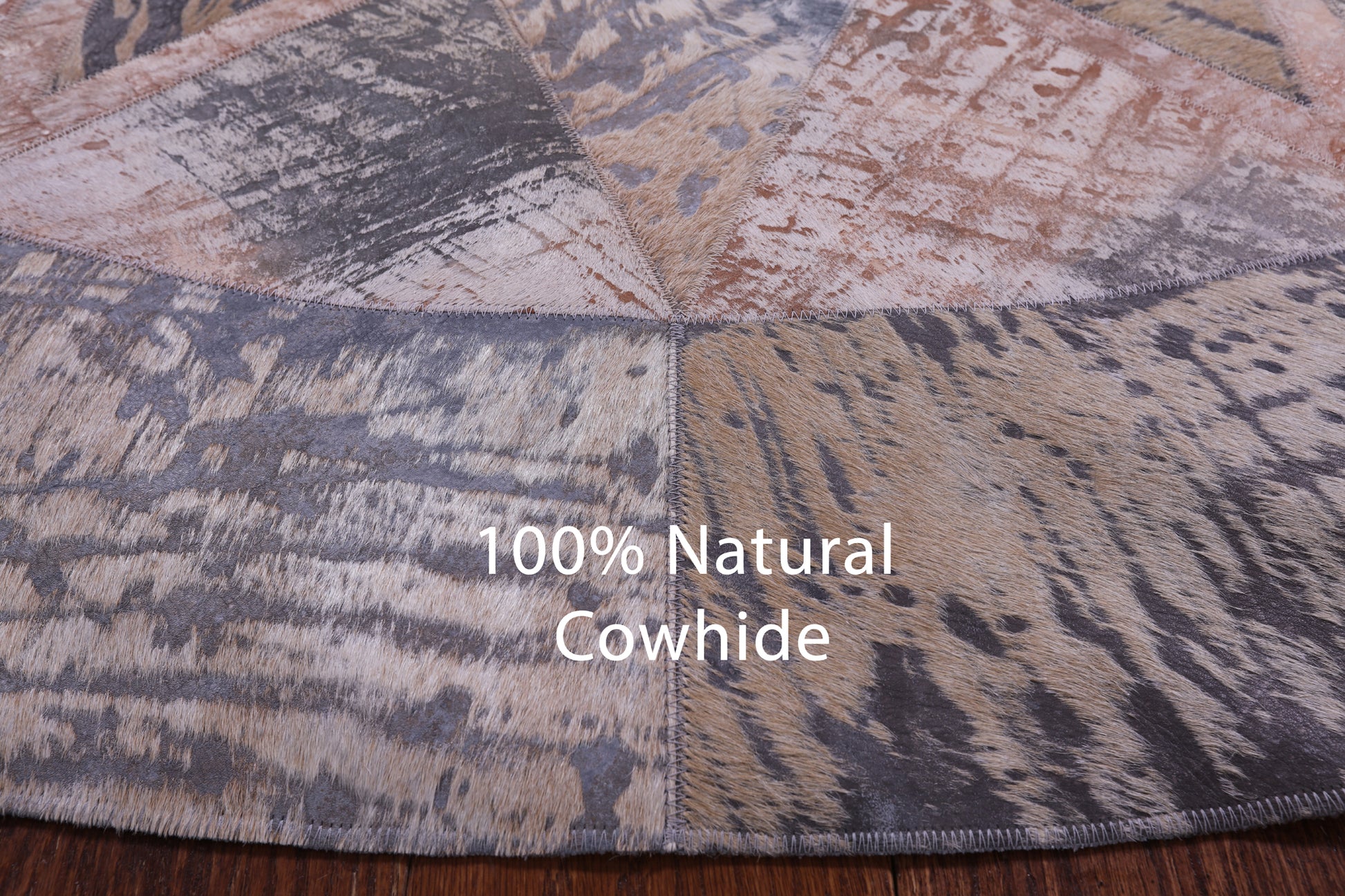 Round Natural Cowhide Hand Stitched Patchwork Rug - 6' 7" X 6' 7" - Golden Nile