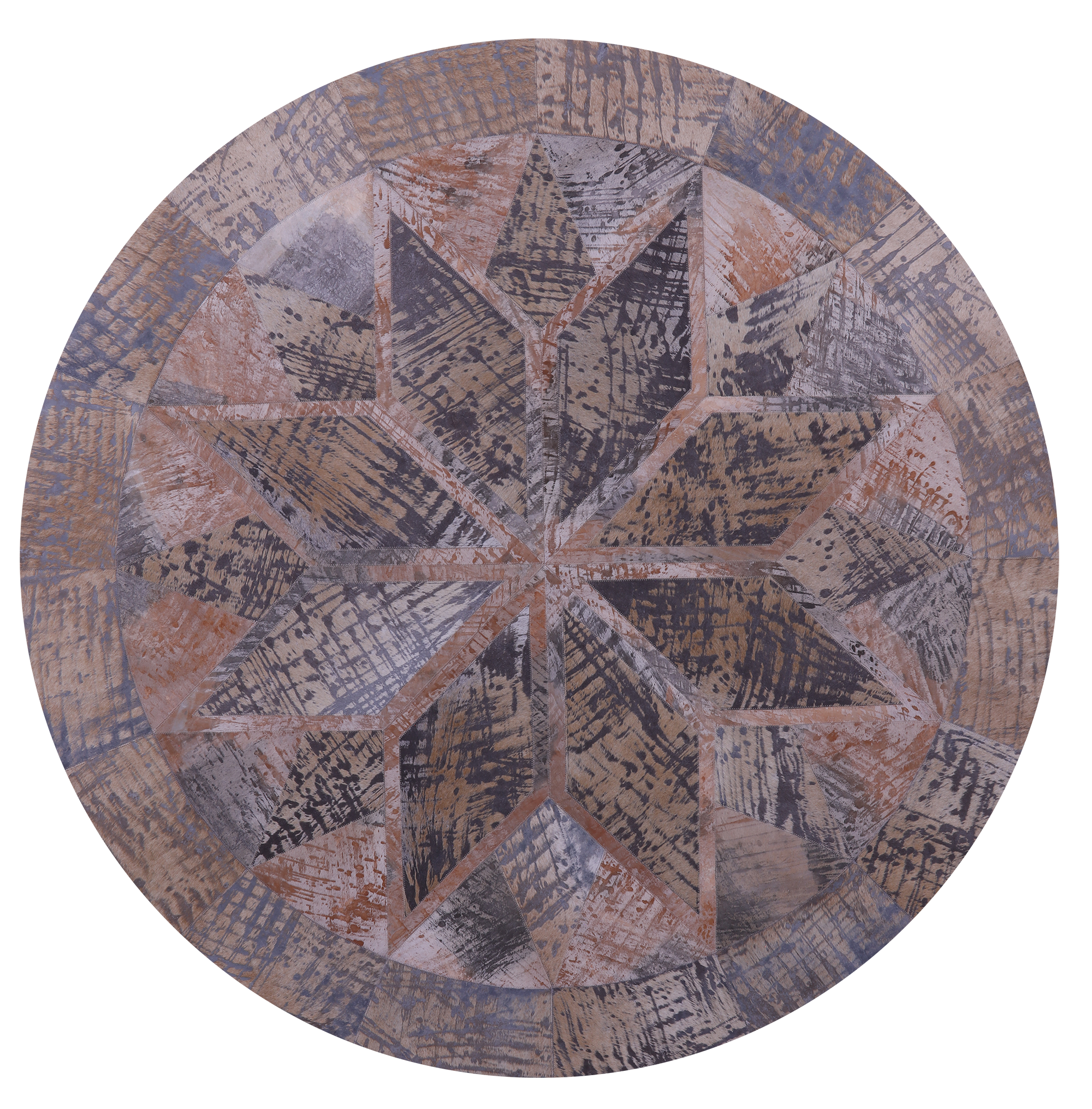 Round Natural Cowhide Hand Stitched Patchwork Rug - 6' 7" X 6' 7" - Golden Nile