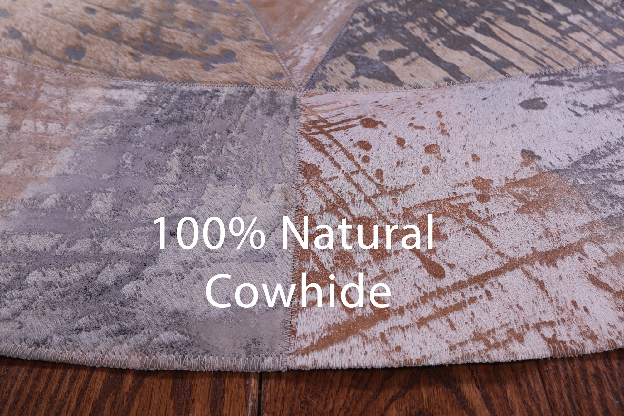 Round Natural Cowhide Hand Stitched Patchwork Rug - 6' 6" X 6' 6" - Golden Nile