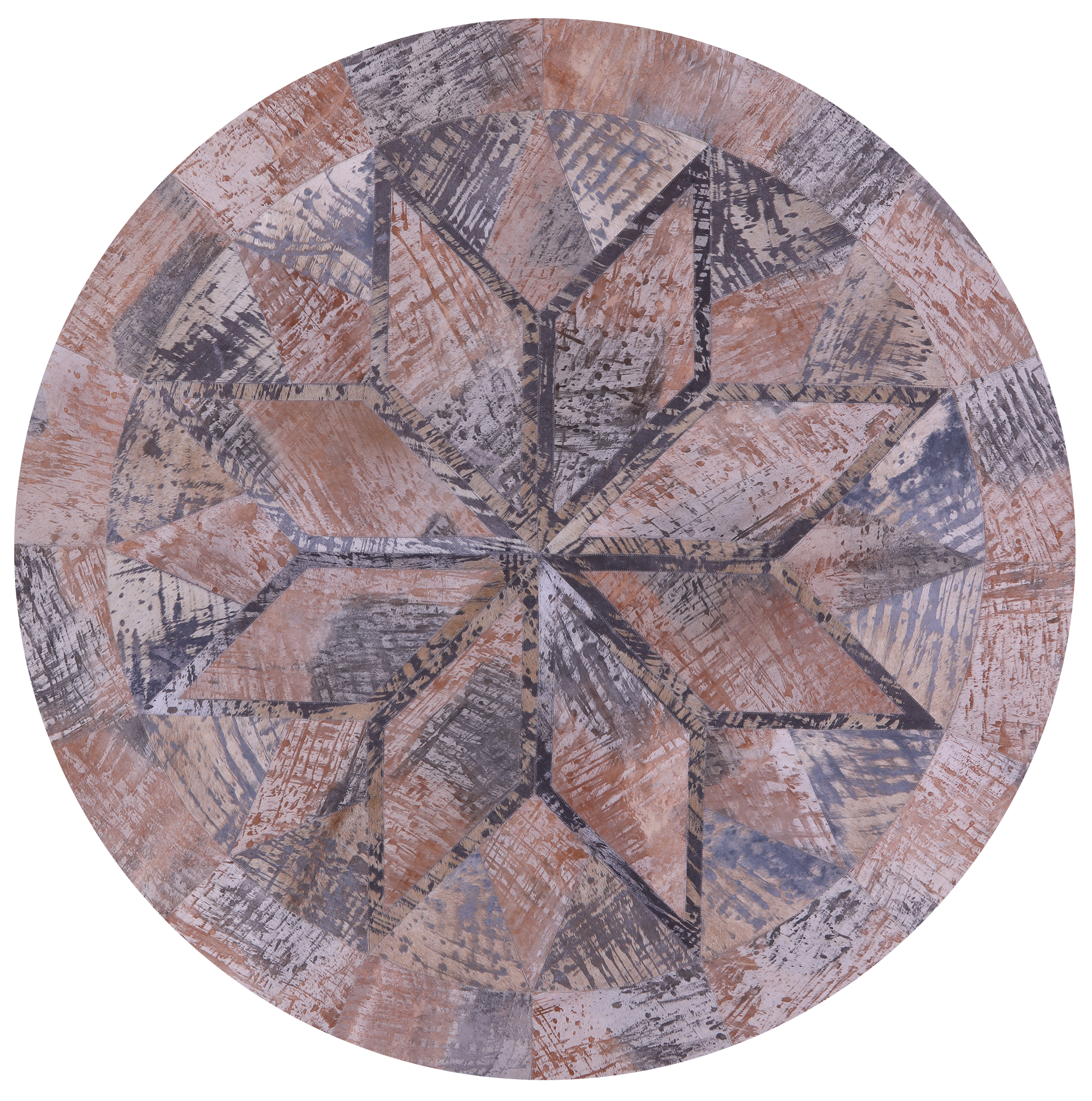 Round Natural Cowhide Hand Stitched Patchwork Rug - 6' 6" X 6' 6" - Golden Nile