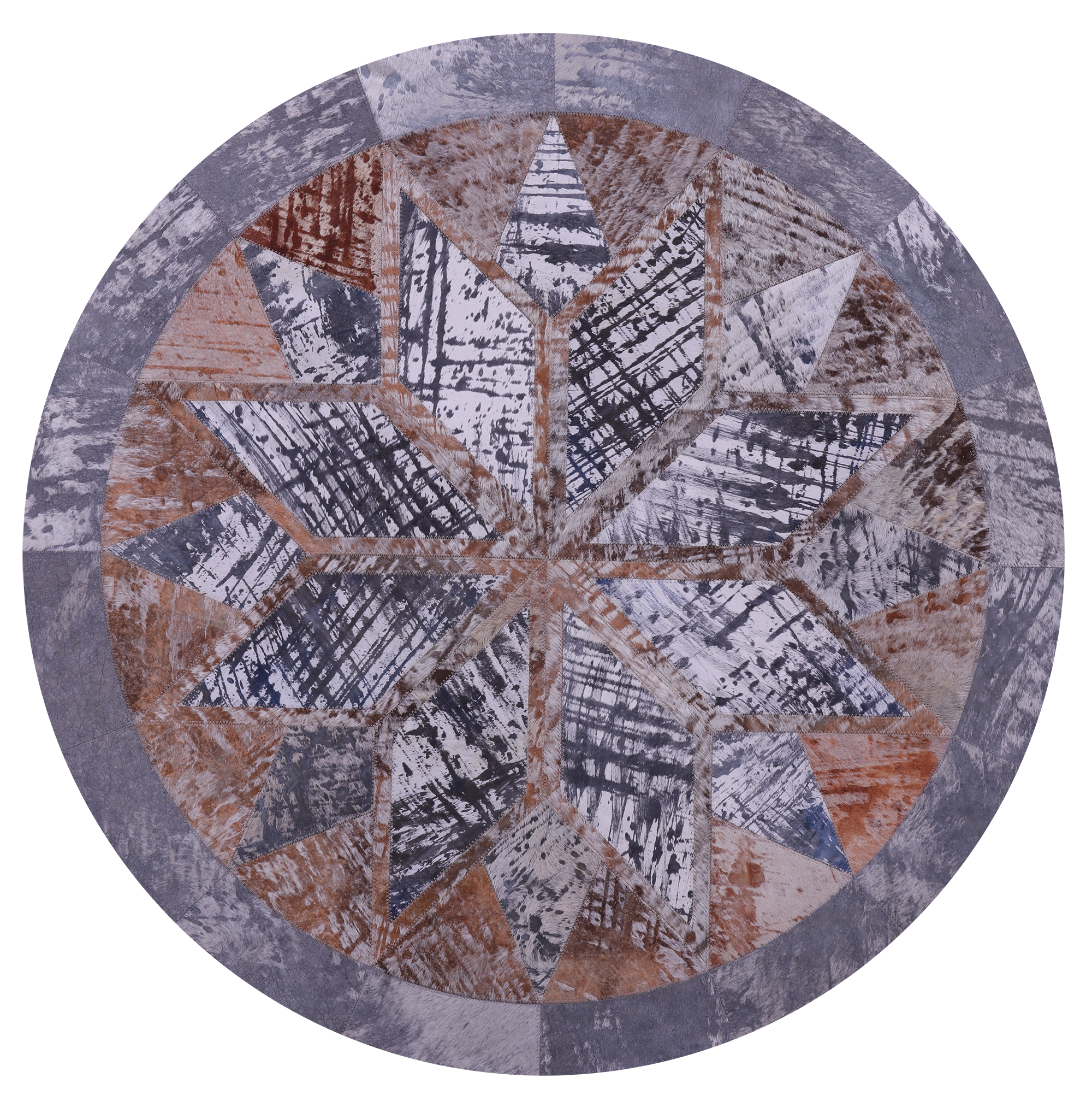 Round Natural Cowhide Hand Stitched Patchwork Rug - 3' 11" X 3' 11" - Golden Nile