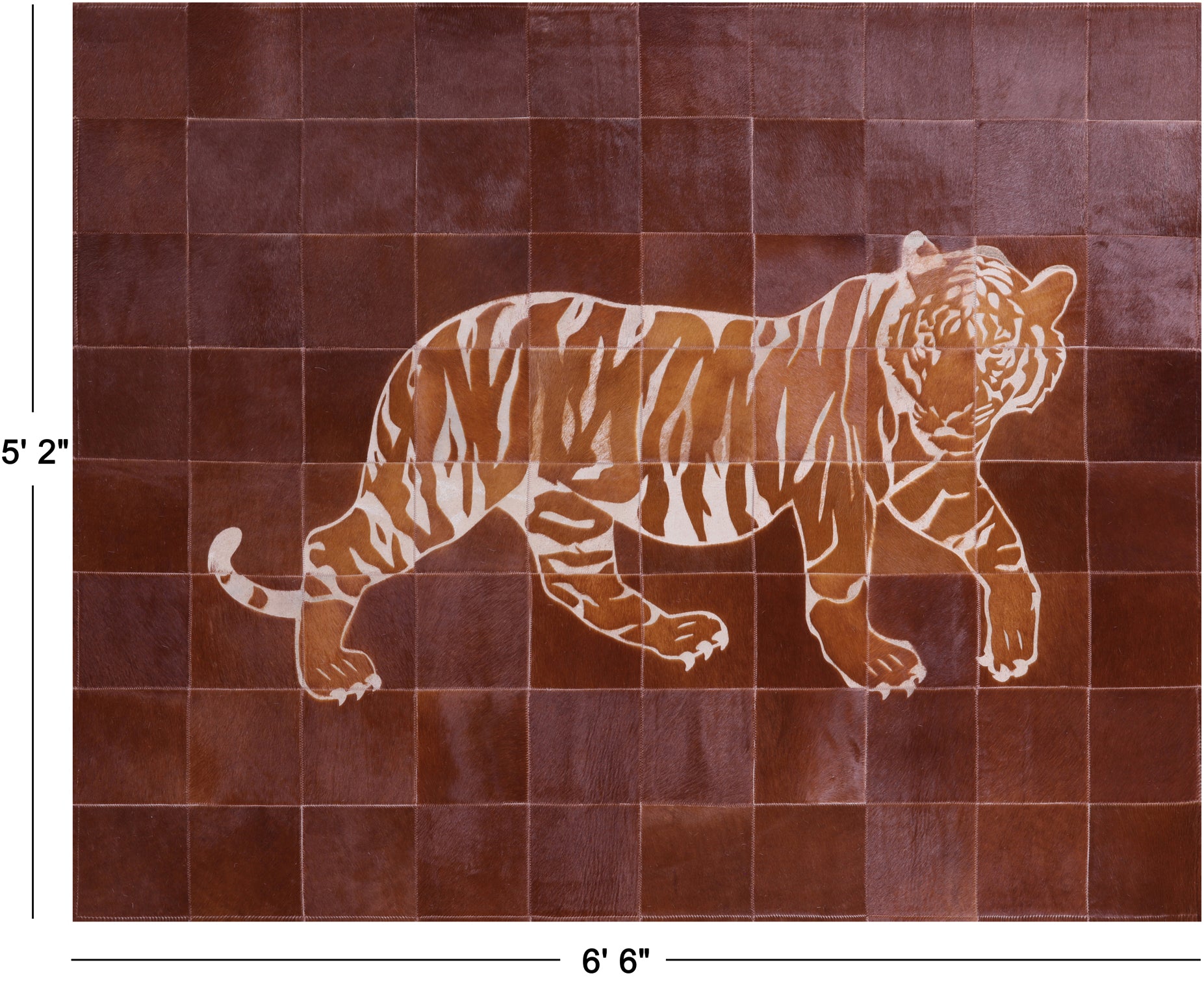 Brown Tiger Design Natural Cowhide Hand Stitched Patchwork Rug - 5' 2" X 6' 6" - Golden Nile