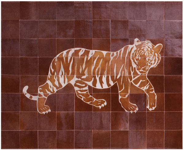 Brown Tiger Design Natural Cowhide Hand Stitched Patchwork Rug - 5' 2" X 6' 6" - Golden Nile