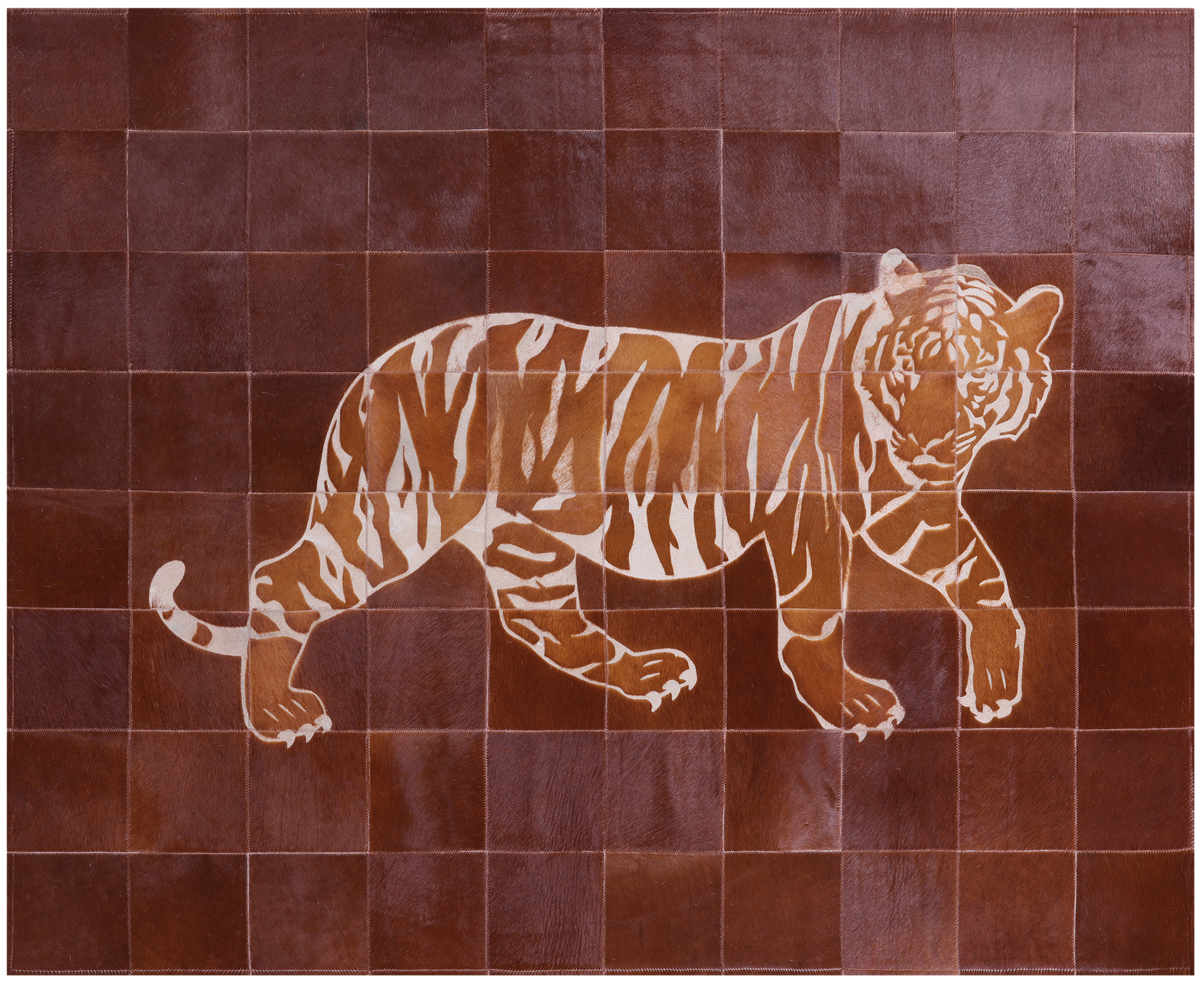 Brown Tiger Design Natural Cowhide Hand Stitched Patchwork Rug - 5' 2" X 6' 6" - Golden Nile