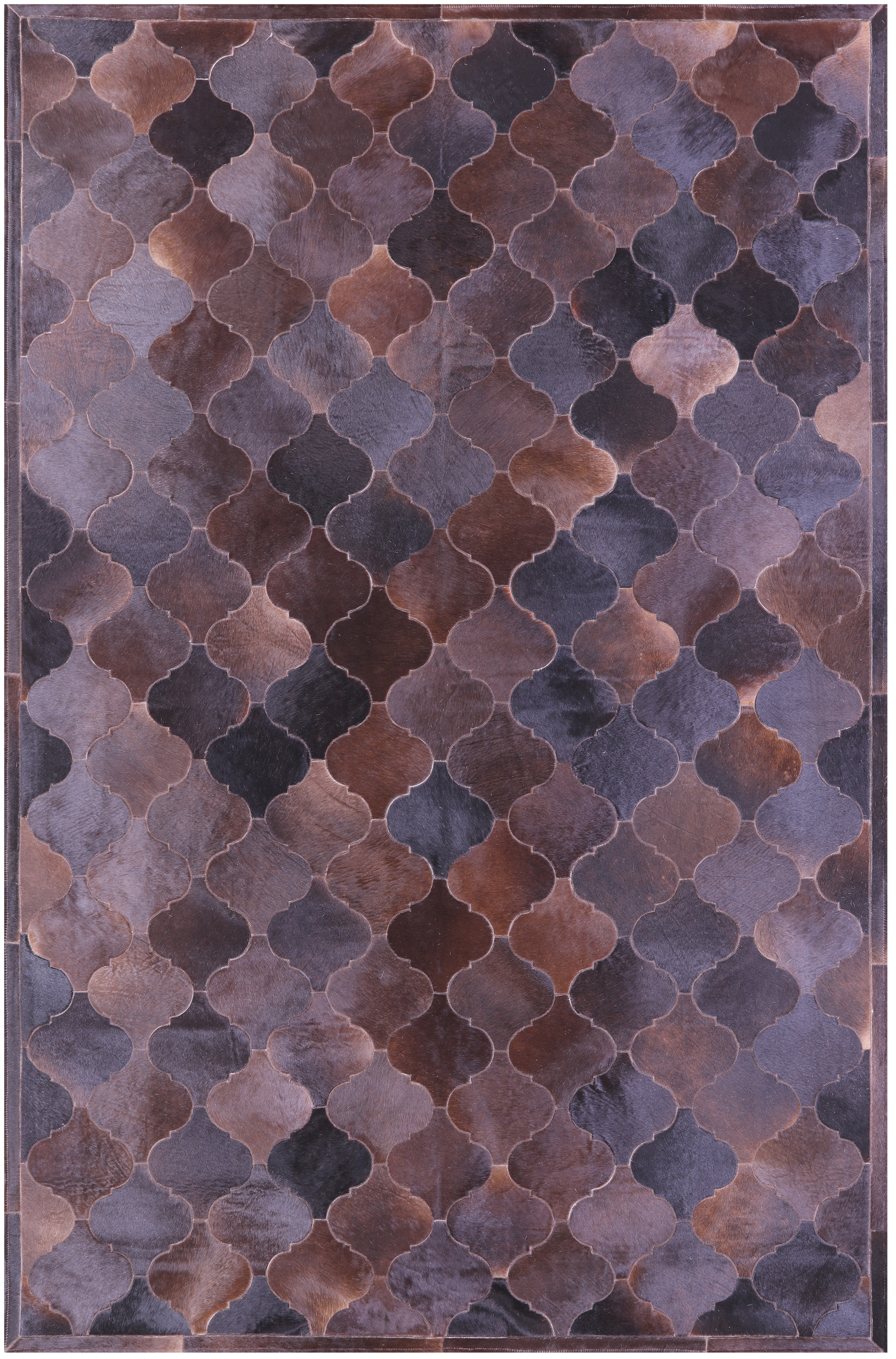 Lantern Tile Brown Natural Black Cowhide Hand Stitched Patchwork Rug - 6' 8" X 10' 0" - Golden Nile
