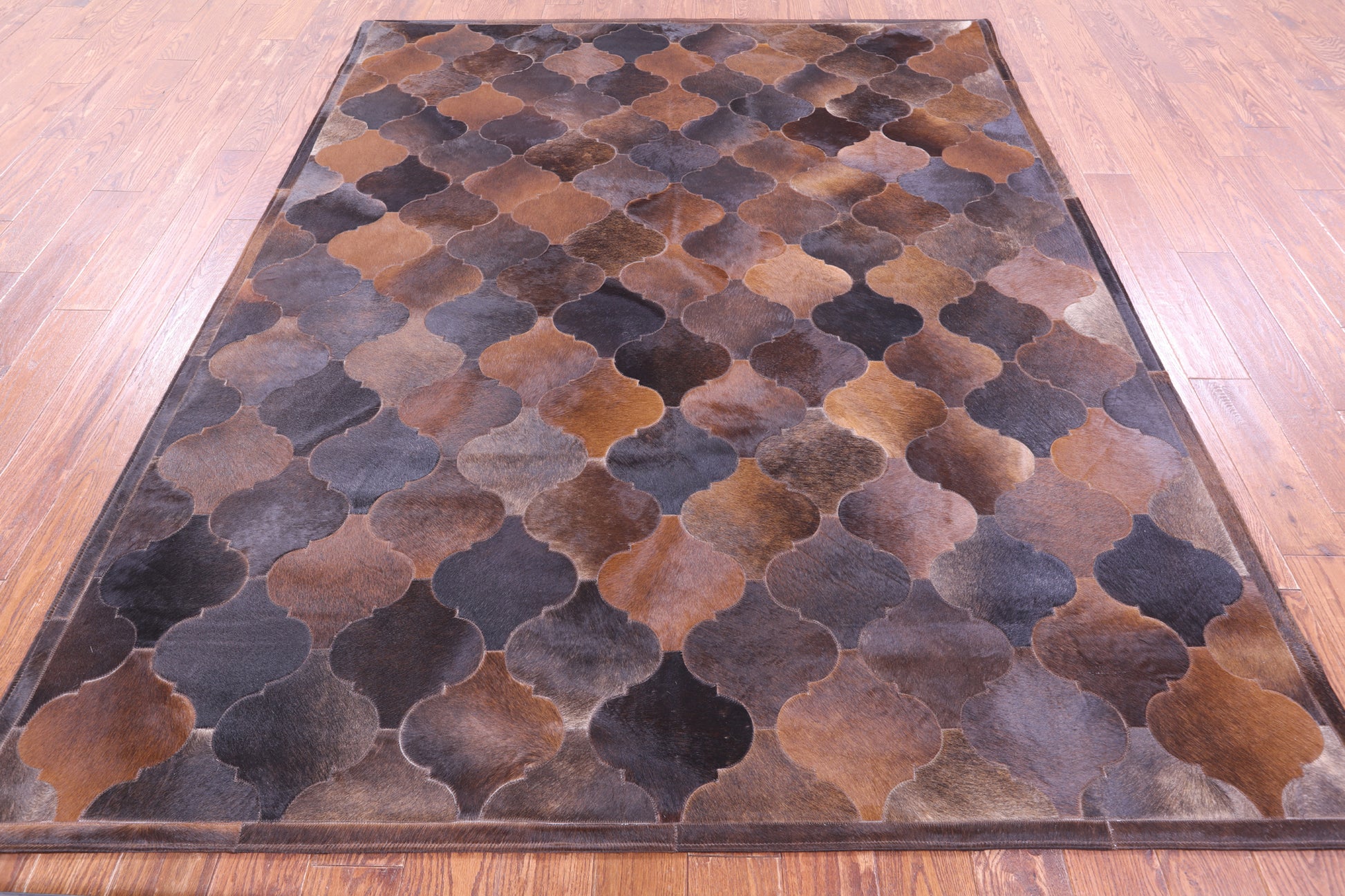 Lantern Tile Brown Natural Cowhide Hand Stitched Patchwork Rug - 6' 8" X 8' 3" - Golden Nile