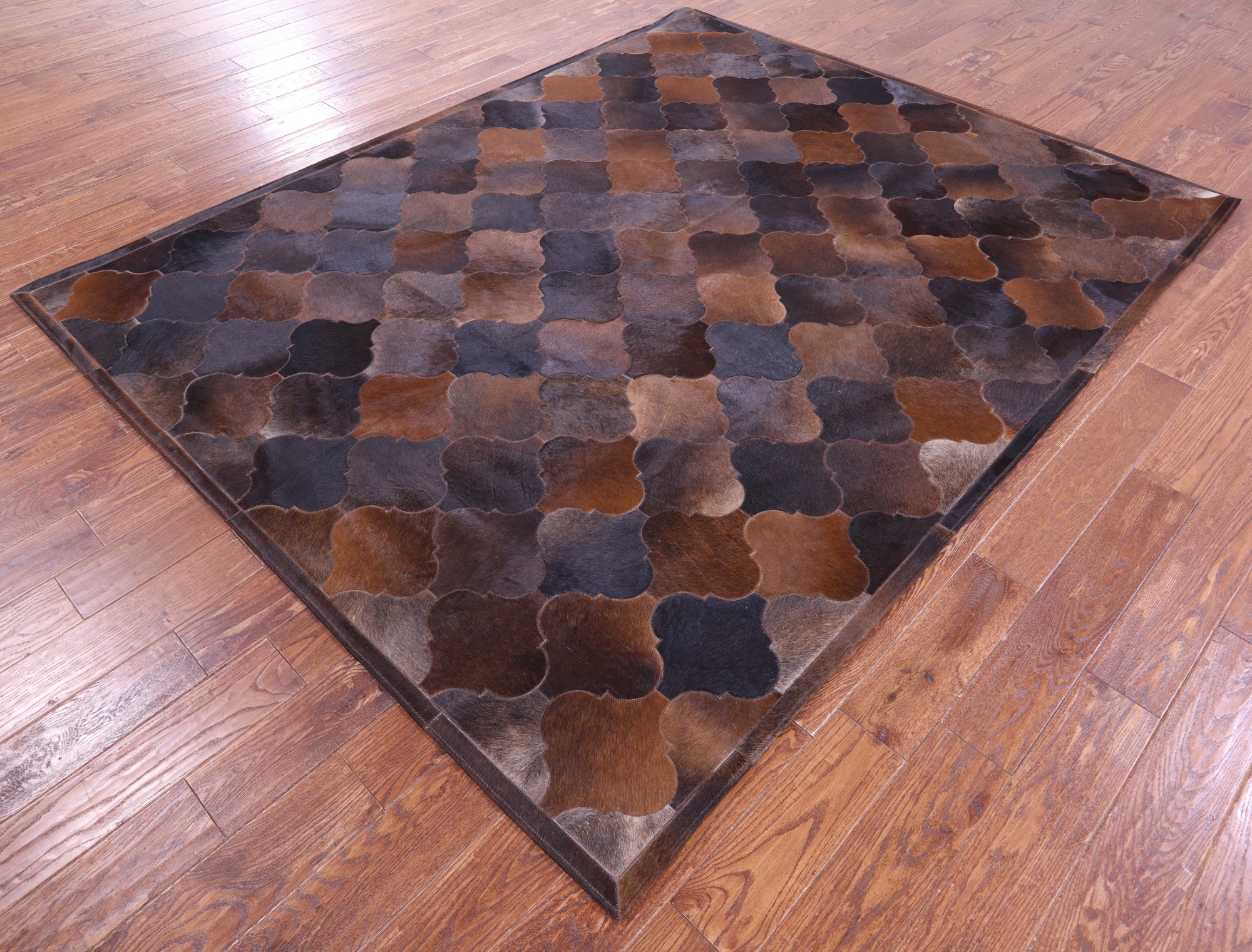 Lantern Tile Brown Natural Cowhide Hand Stitched Patchwork Rug - 6' 8" X 8' 3" - Golden Nile