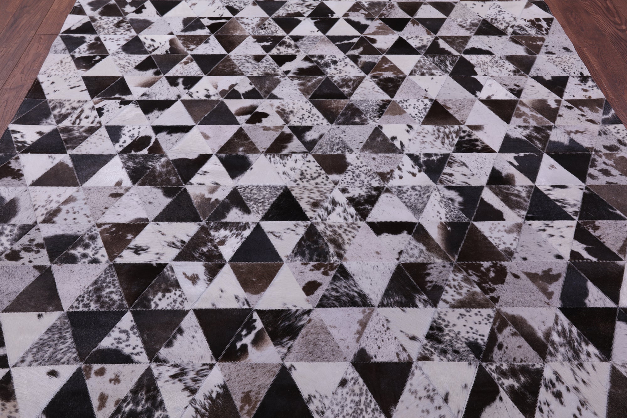 Black Brown & White Salt & Pepper Natural Cowhide Hand Stitched Patchwork Rug - 6' 8" X 8' 4" - Golden Nile