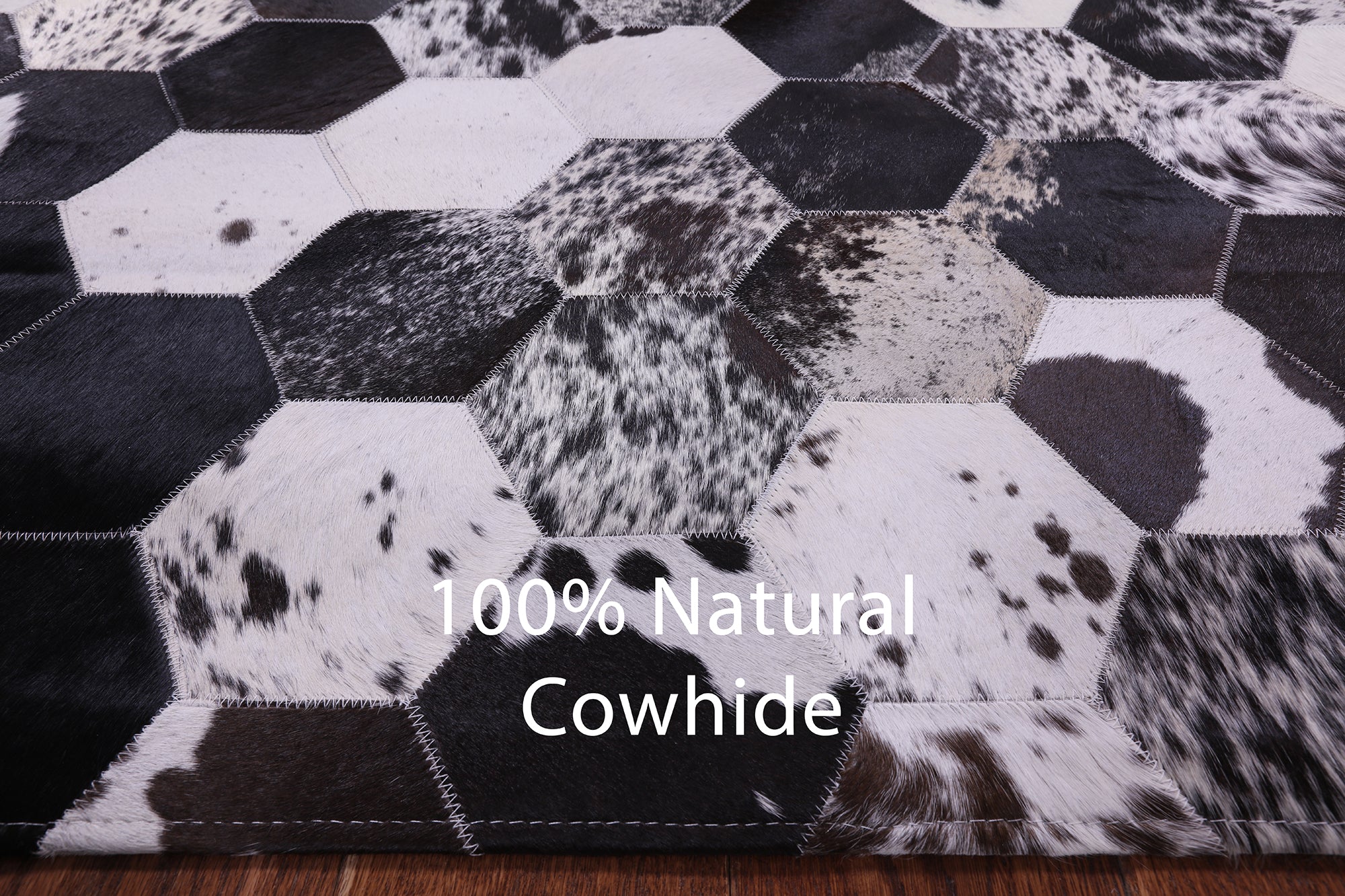 Black & White Natural Cowhide Hand Stitched Patchwork Rug - 6' 8" X 8' 3" - Golden Nile