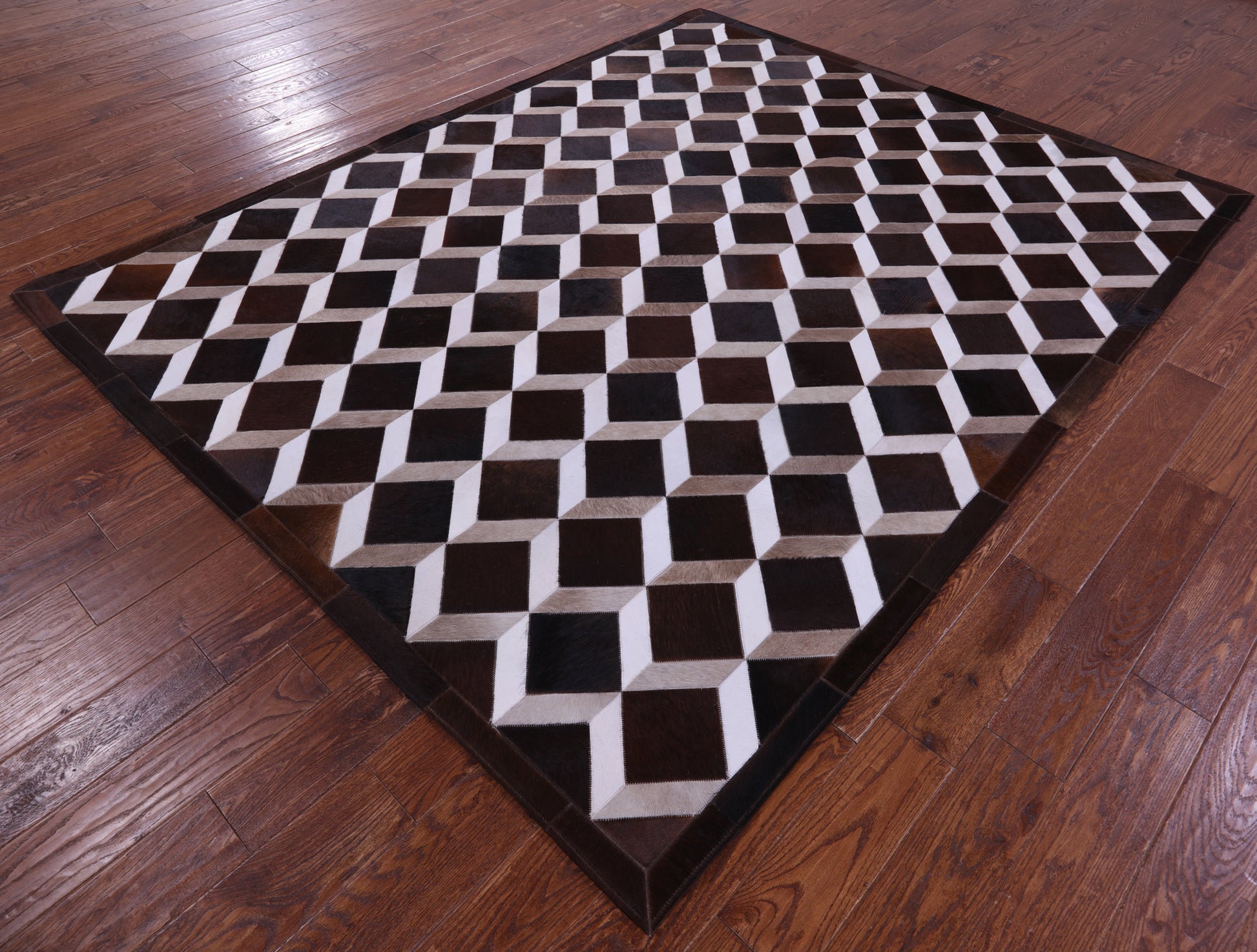 Brown & White Natural Cowhide Hand Stitched Patchwork Rug - 6' 8" X 8' 4" - Golden Nile