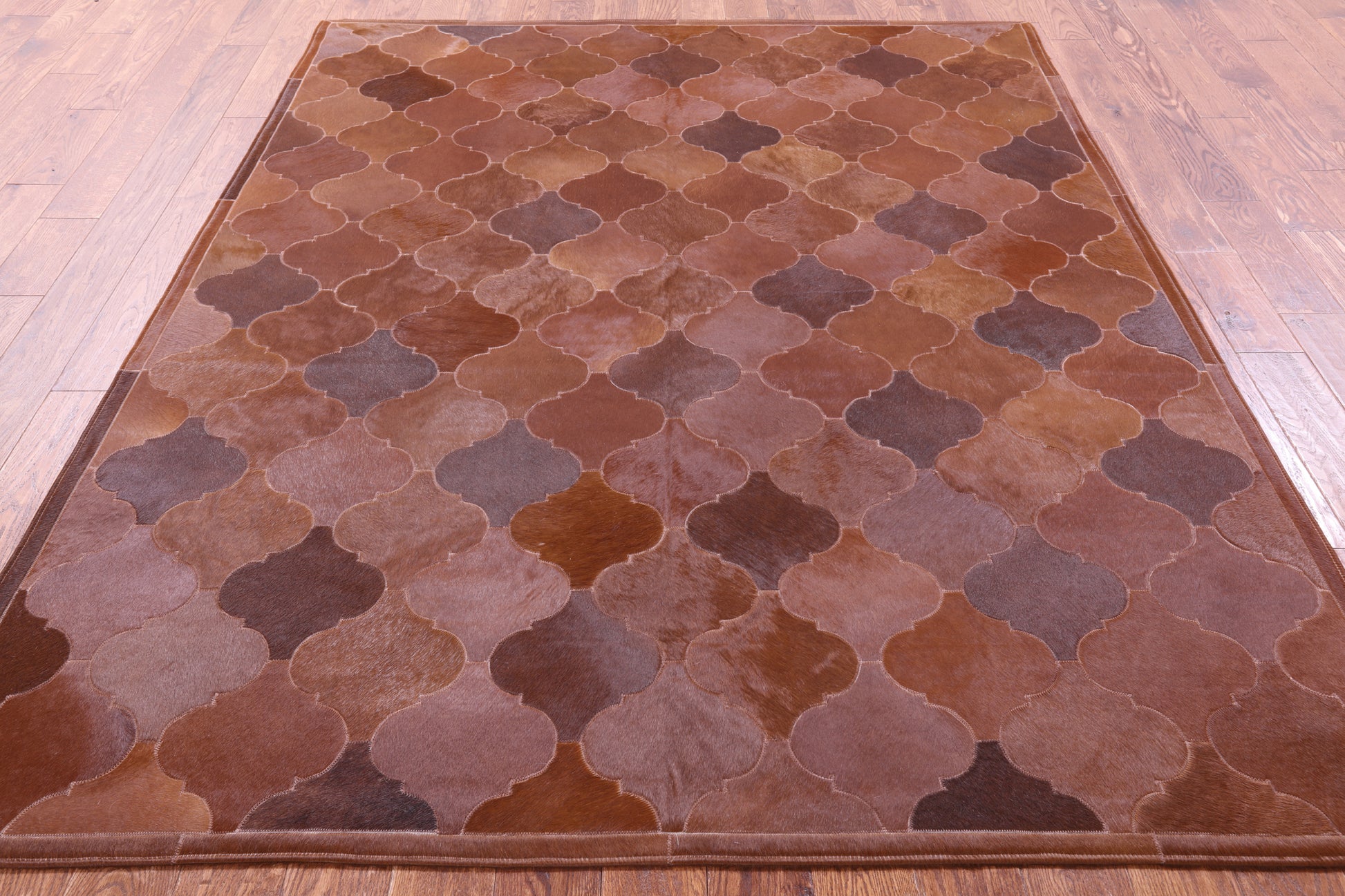 Lantern Tile Brown Natural Cowhide Hand Stitched Patchwork Rug - 6' 8" X 8' 3" - Golden Nile