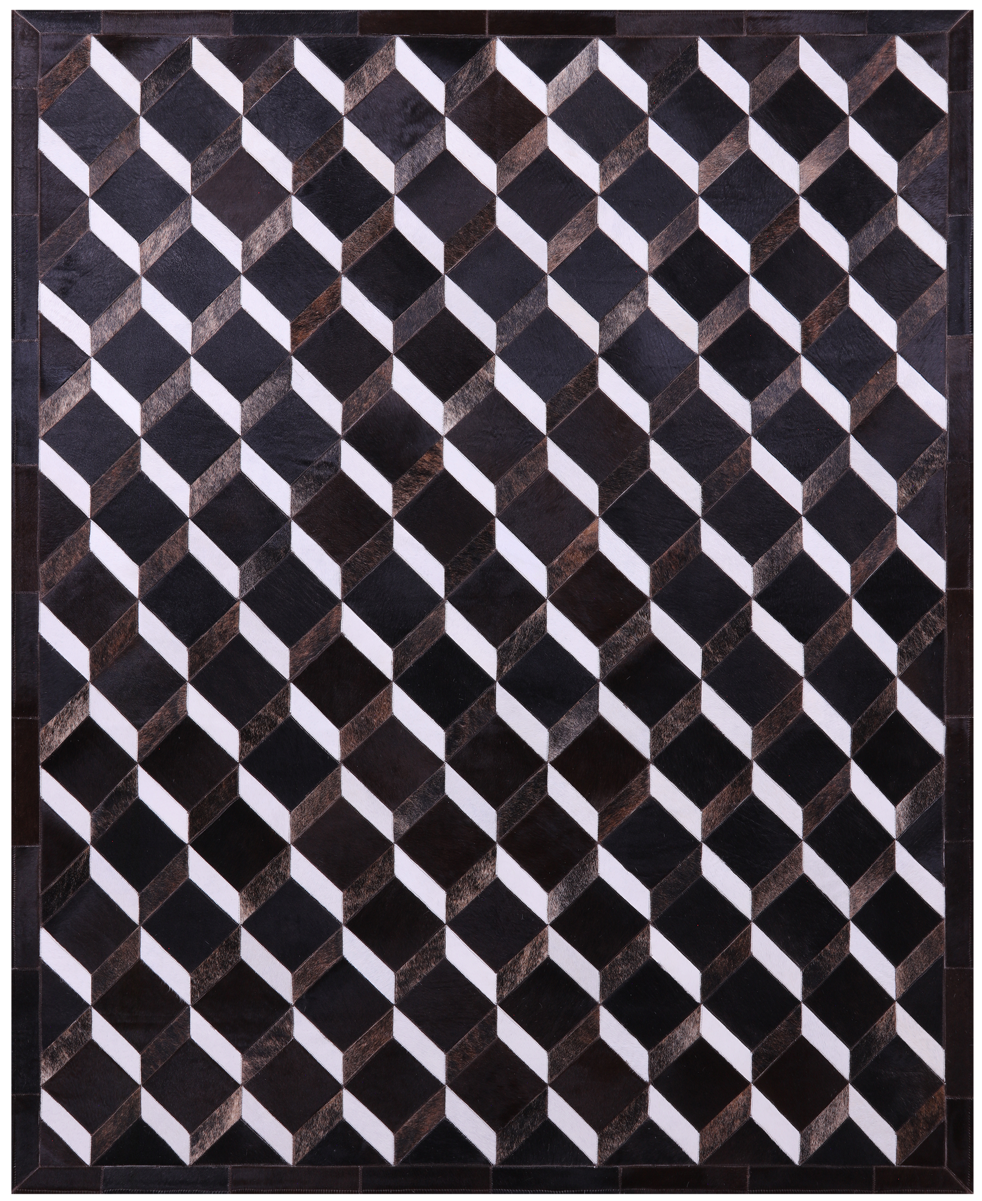 Black & White Natural Brown Cowhide Hand Stitched Patchwork Rug - 6' 8" X 8' 4" - Golden Nile