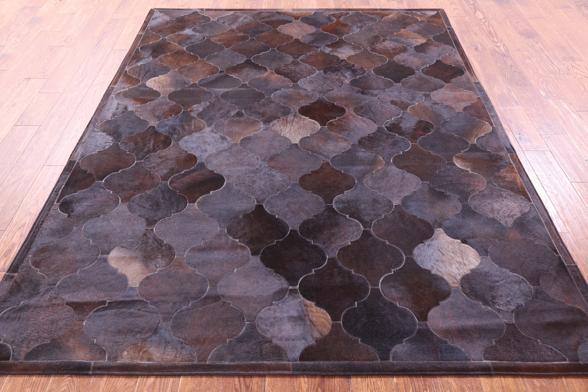 Lantern Tile Brown Natural Cowhide Hand Stitched Patchwork Rug - 6' 8" X 8' 3" - Golden Nile