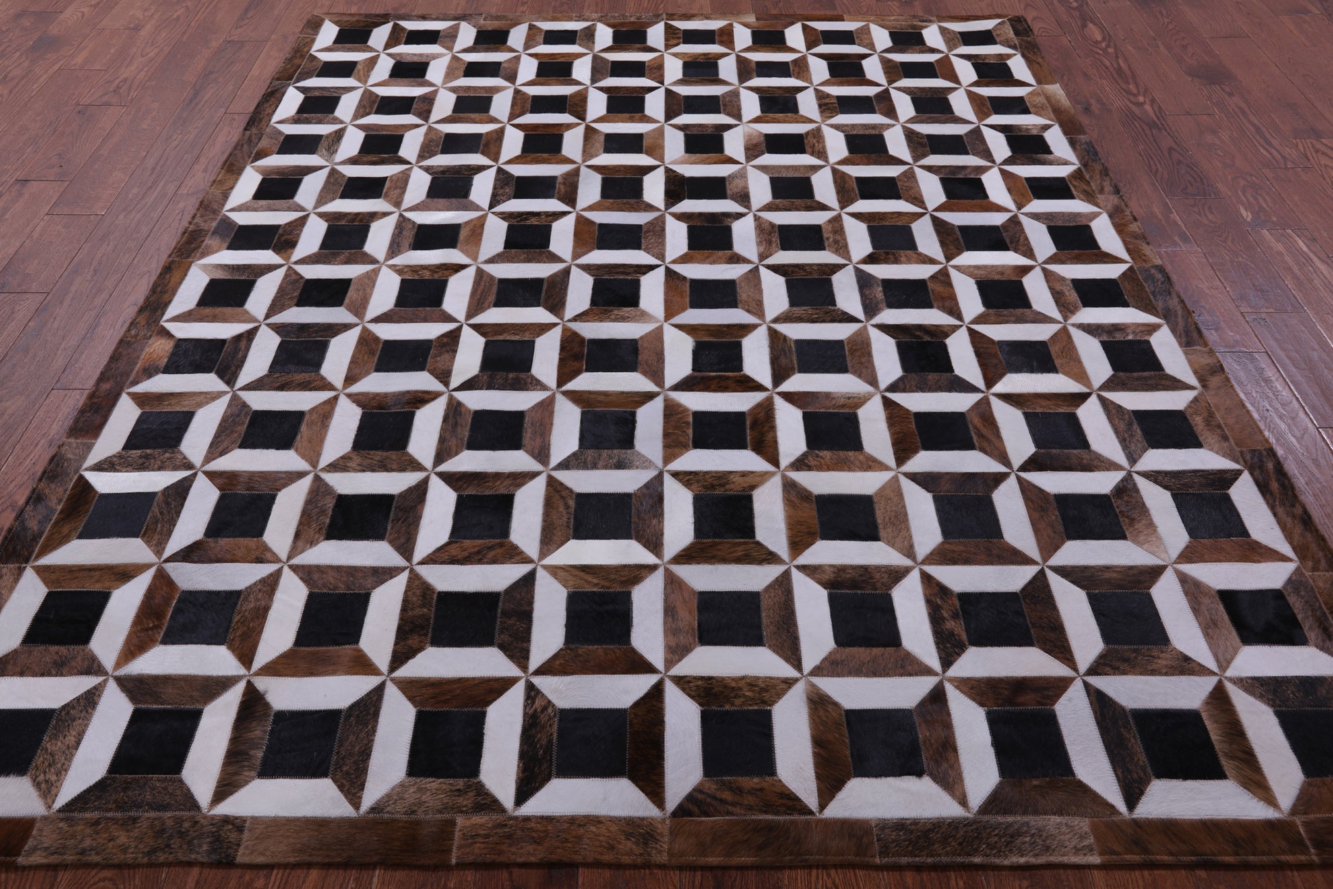 Brown & White Natural Black Cowhide Hand Stitched Patchwork Rug - 7' 0" X 8' 3" - Golden Nile