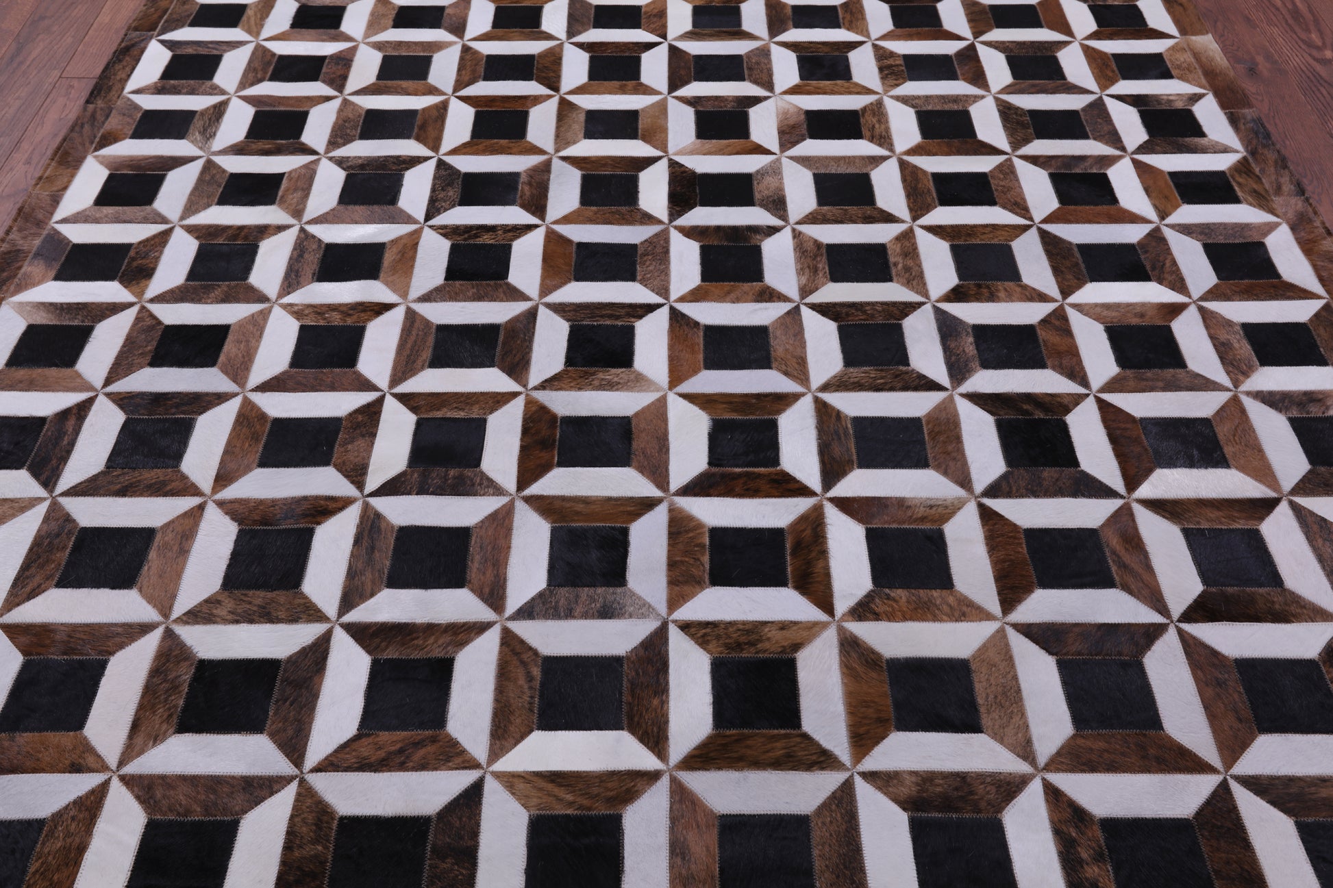 Brown & White Natural Black Cowhide Hand Stitched Patchwork Rug - 7' 0" X 8' 3" - Golden Nile