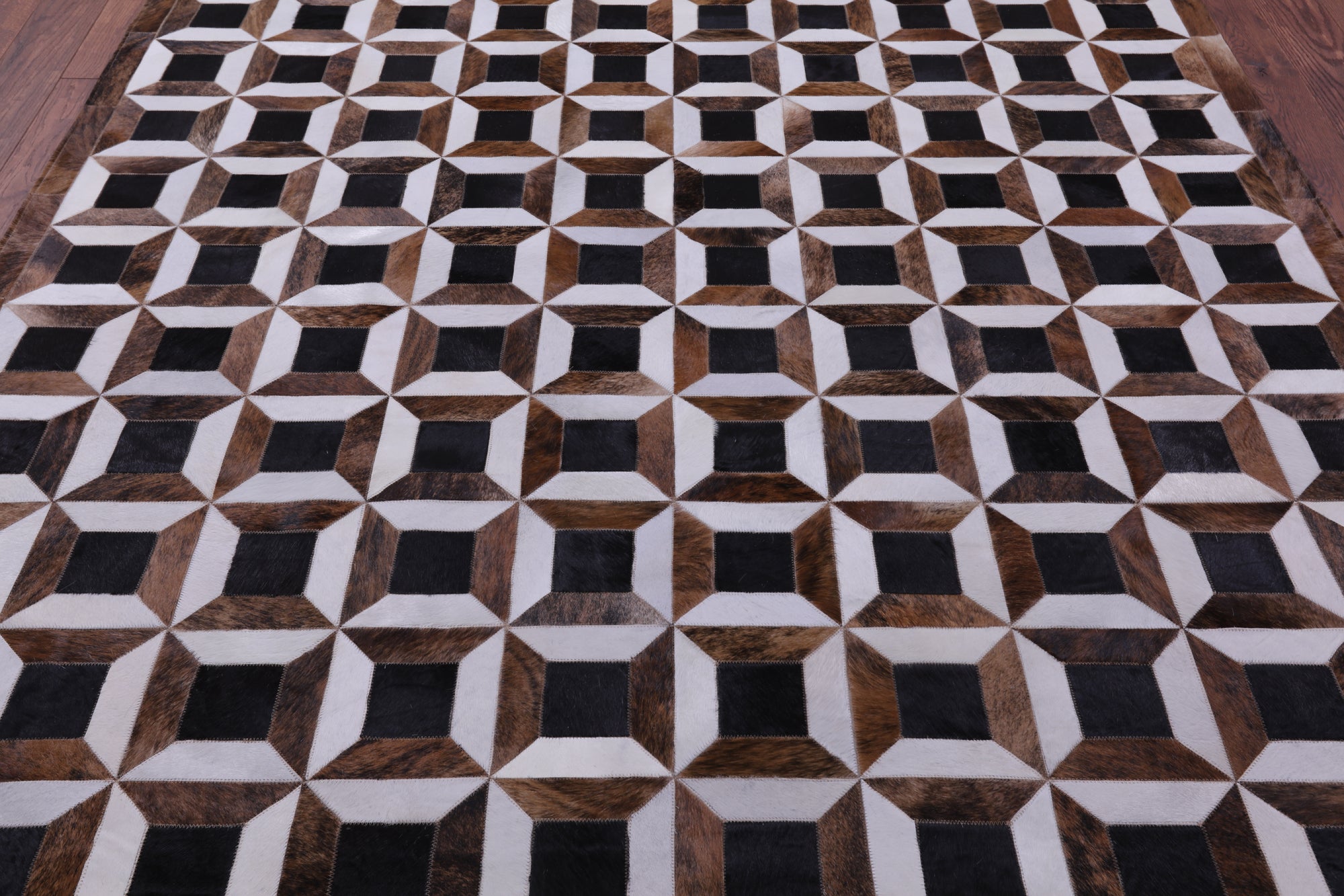 Brown & White Natural Black Cowhide Hand Stitched Patchwork Rug - 7' 0" X 8' 3" - Golden Nile