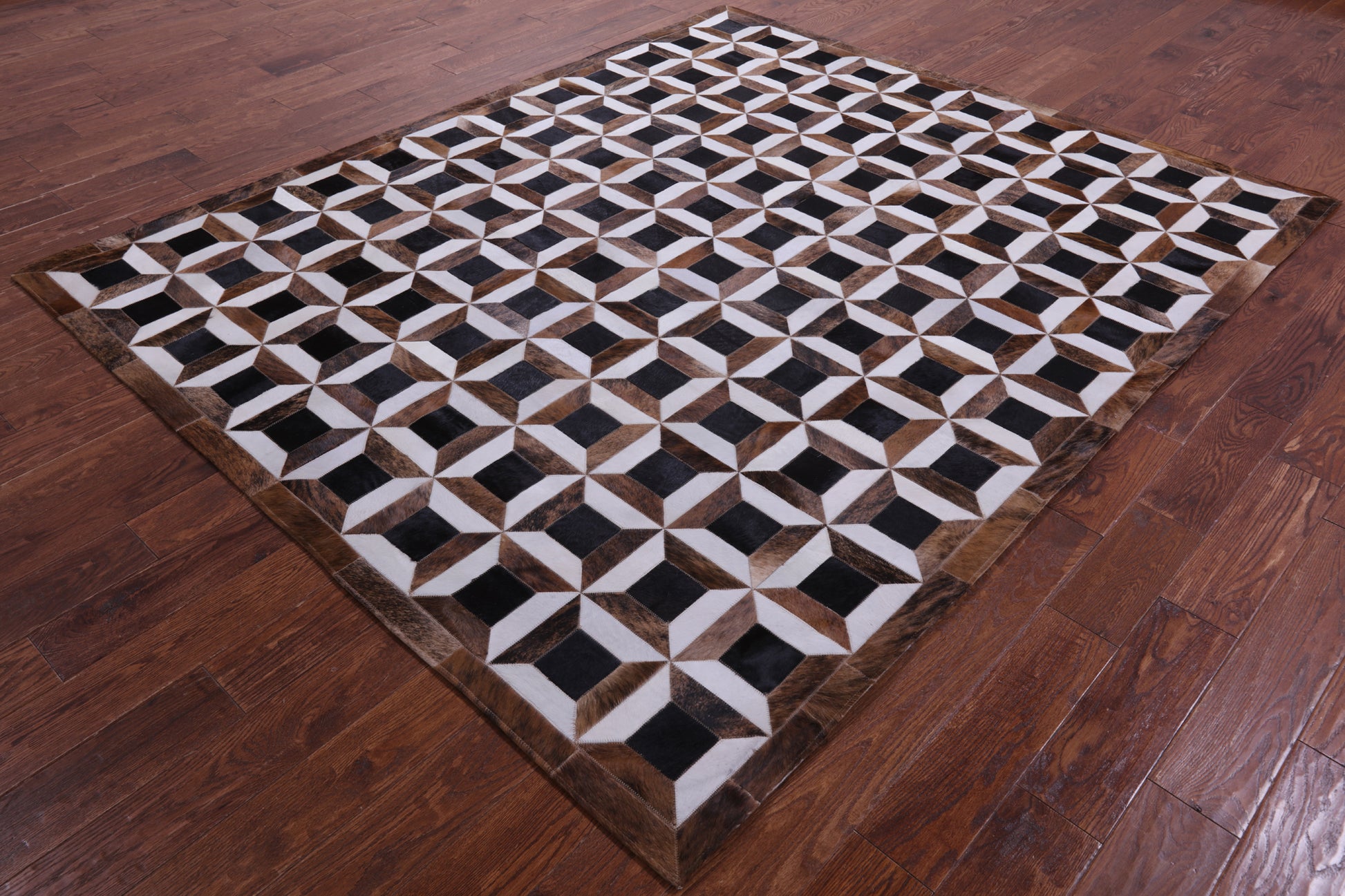 Brown & White Natural Black Cowhide Hand Stitched Patchwork Rug - 7' 0" X 8' 3" - Golden Nile