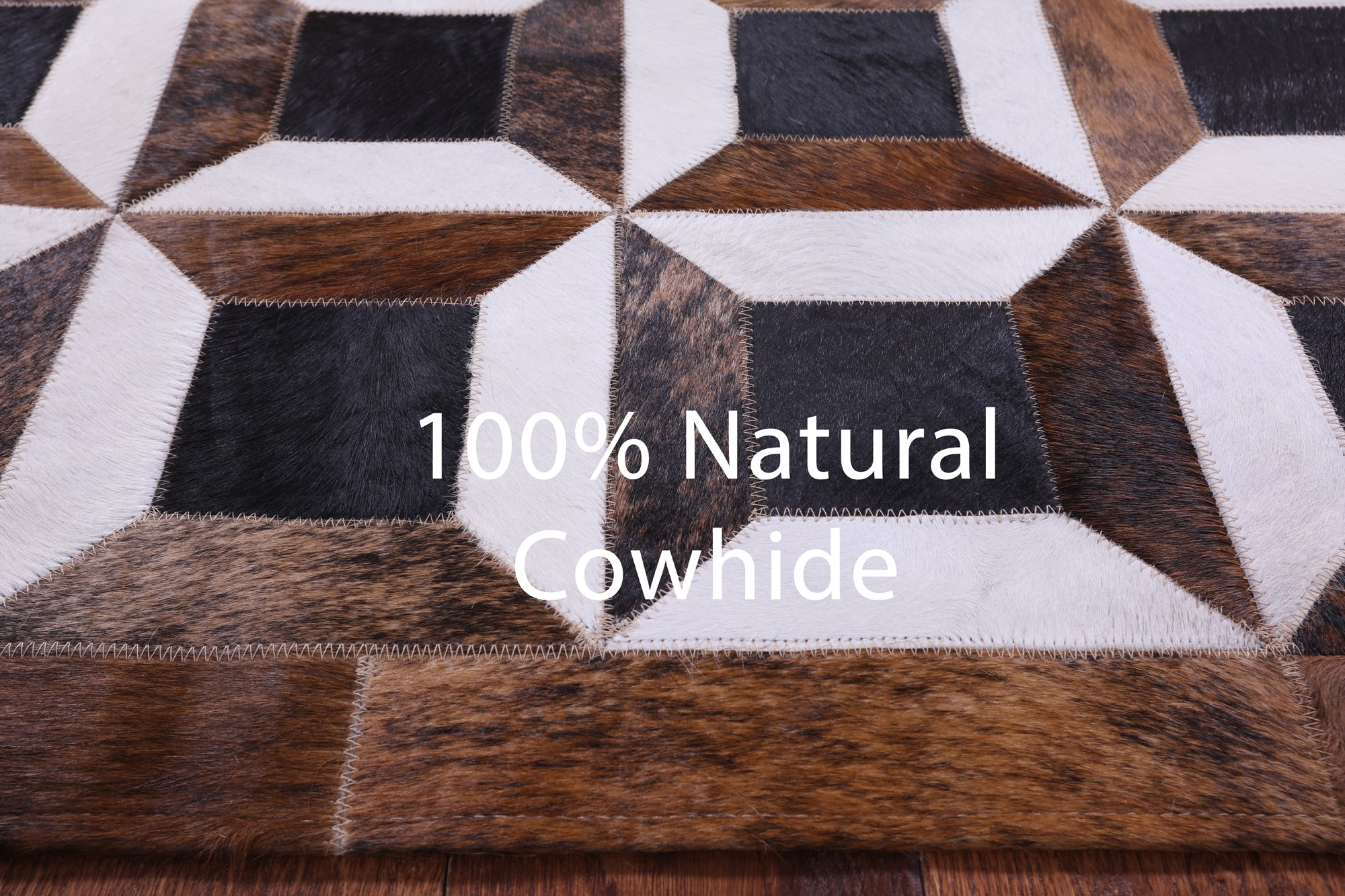 Brown & White Natural Black Cowhide Hand Stitched Patchwork Rug - 7' 0" X 8' 3" - Golden Nile