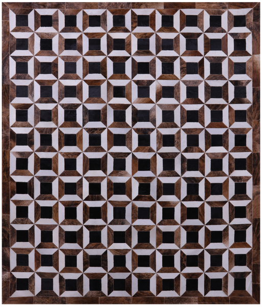 Brown & White Natural Black Cowhide Hand Stitched Patchwork Rug - 7' 0" X 8' 3" - Golden Nile