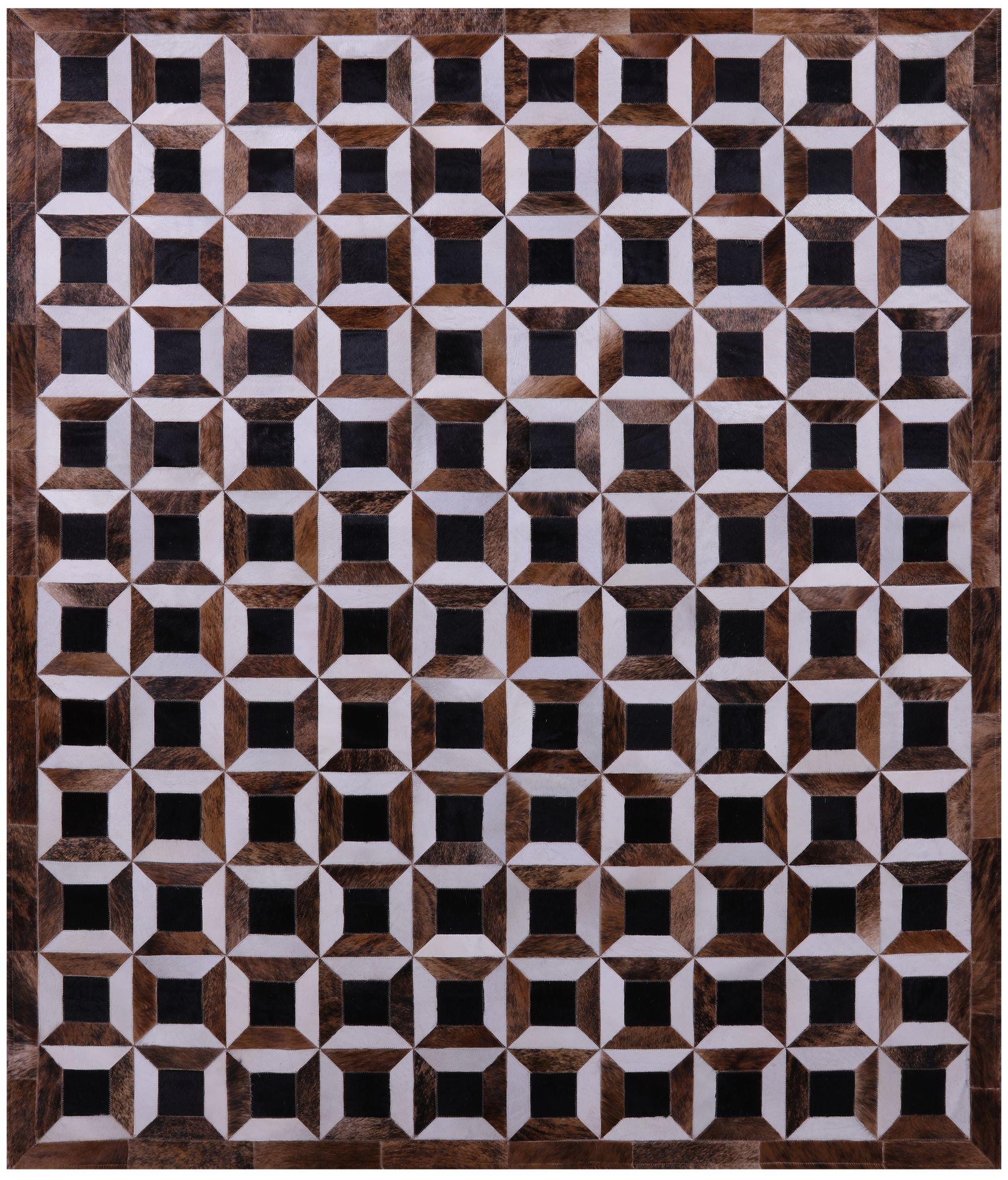 Brown & White Natural Black Cowhide Hand Stitched Patchwork Rug - 7' 0" X 8' 3" - Golden Nile